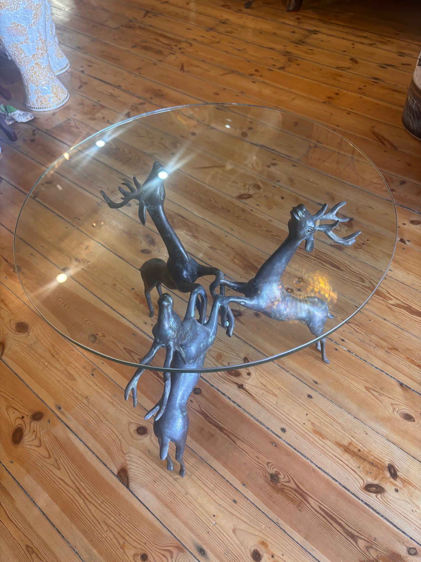 Vintage Bronze Deer Coffee Table with Circular Glass Top | Sculptural Animal Base | Mid-Century Style | 60cm