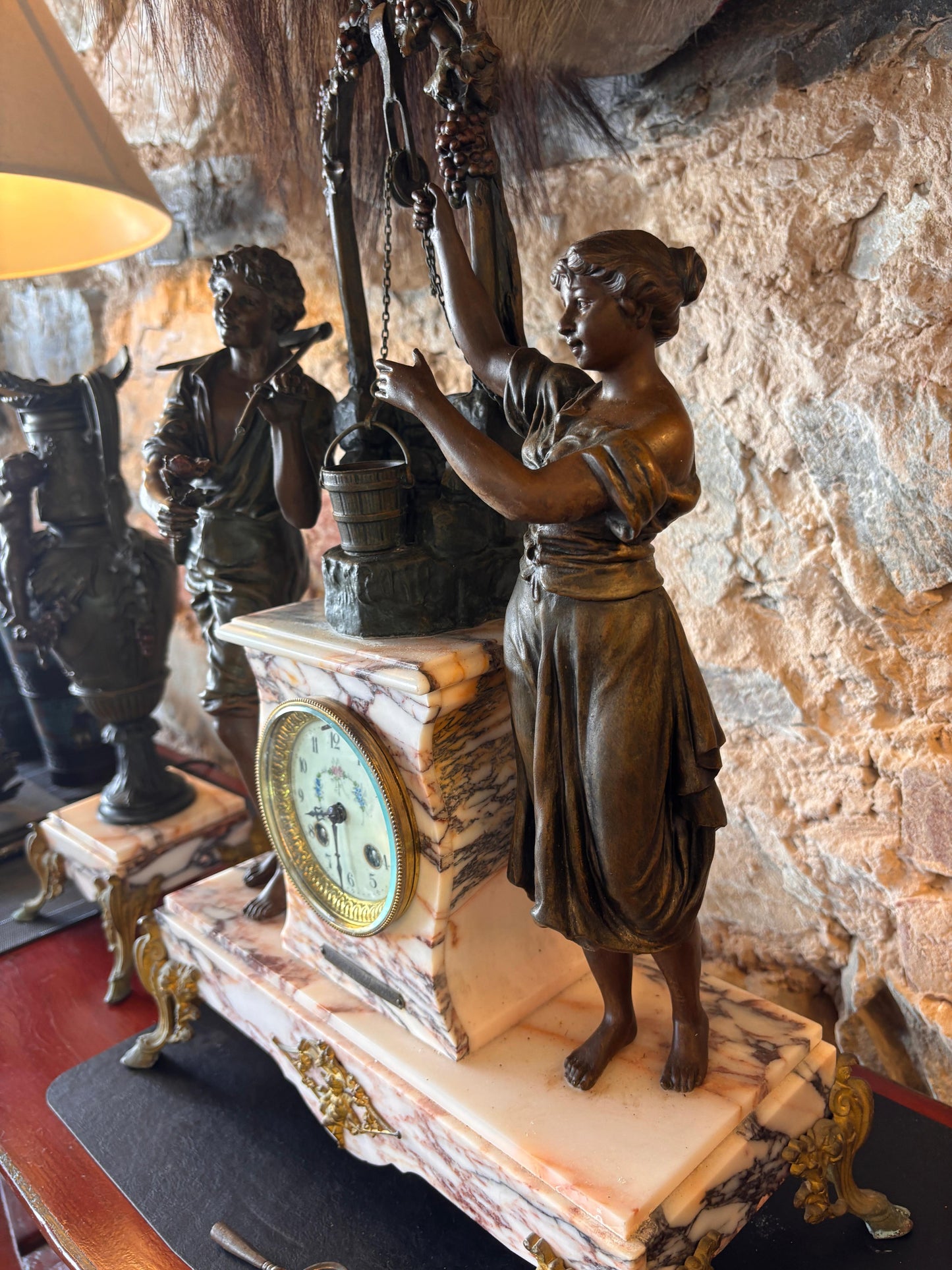 French Antique Marble Figural Clock Garniture – “Rencontre au Puits” by E. Groleau c.1890 – SCAPH Cluses Movement (Not Running)