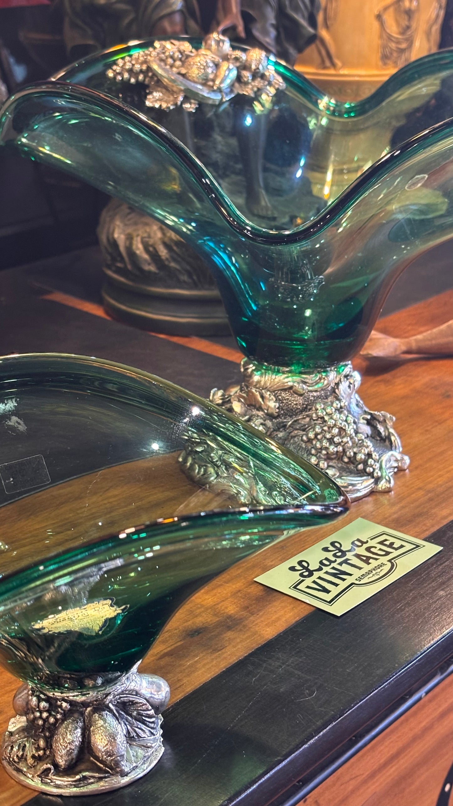 Vintage Italian Green Glass Centerpiece Bowl with Silver Base – Robean – Handcrafted Rococo Style, 35cm