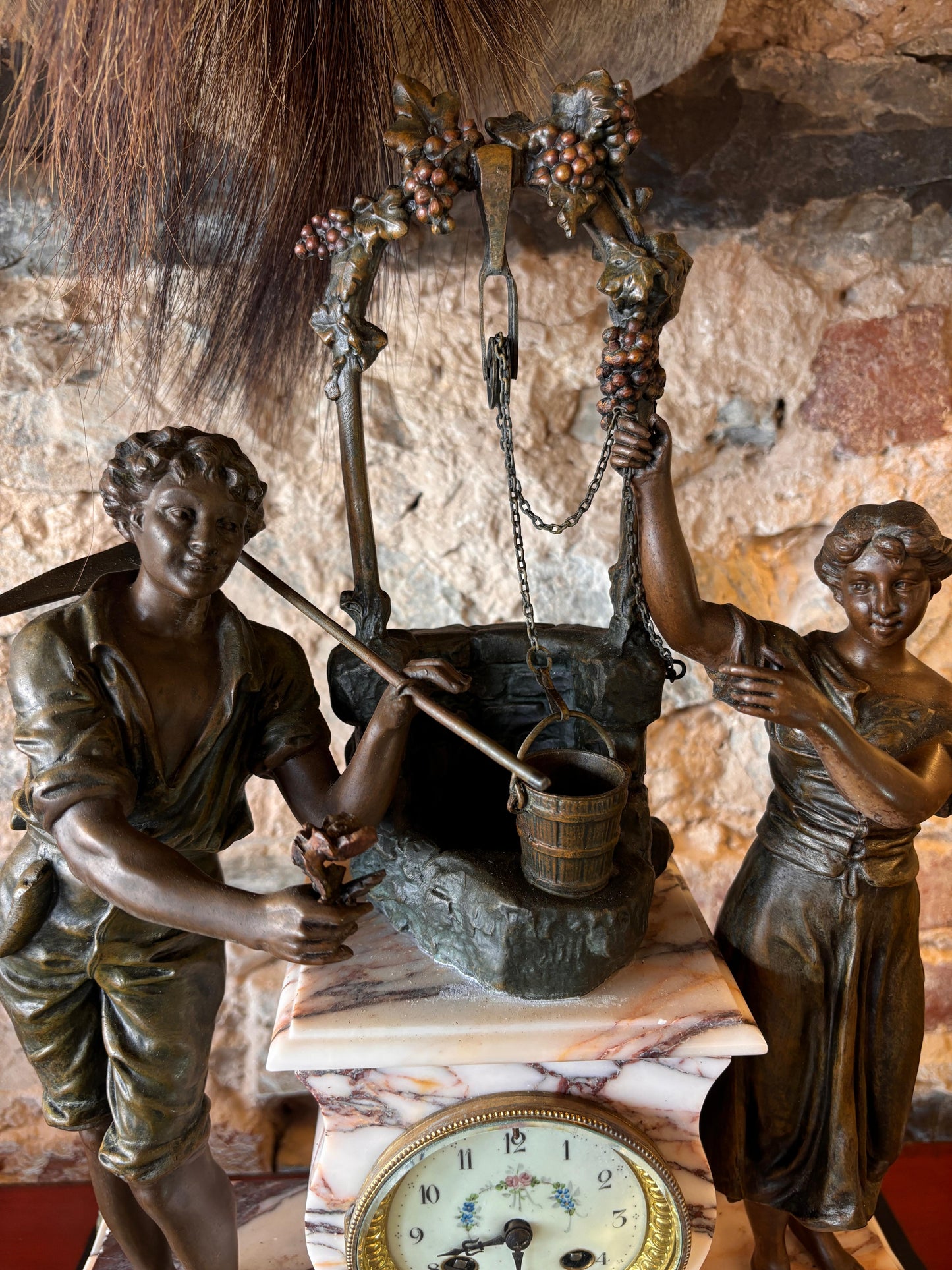 French Antique Marble Figural Clock Garniture – “Rencontre au Puits” by E. Groleau c.1890 – SCAPH Cluses Movement (Not Running)