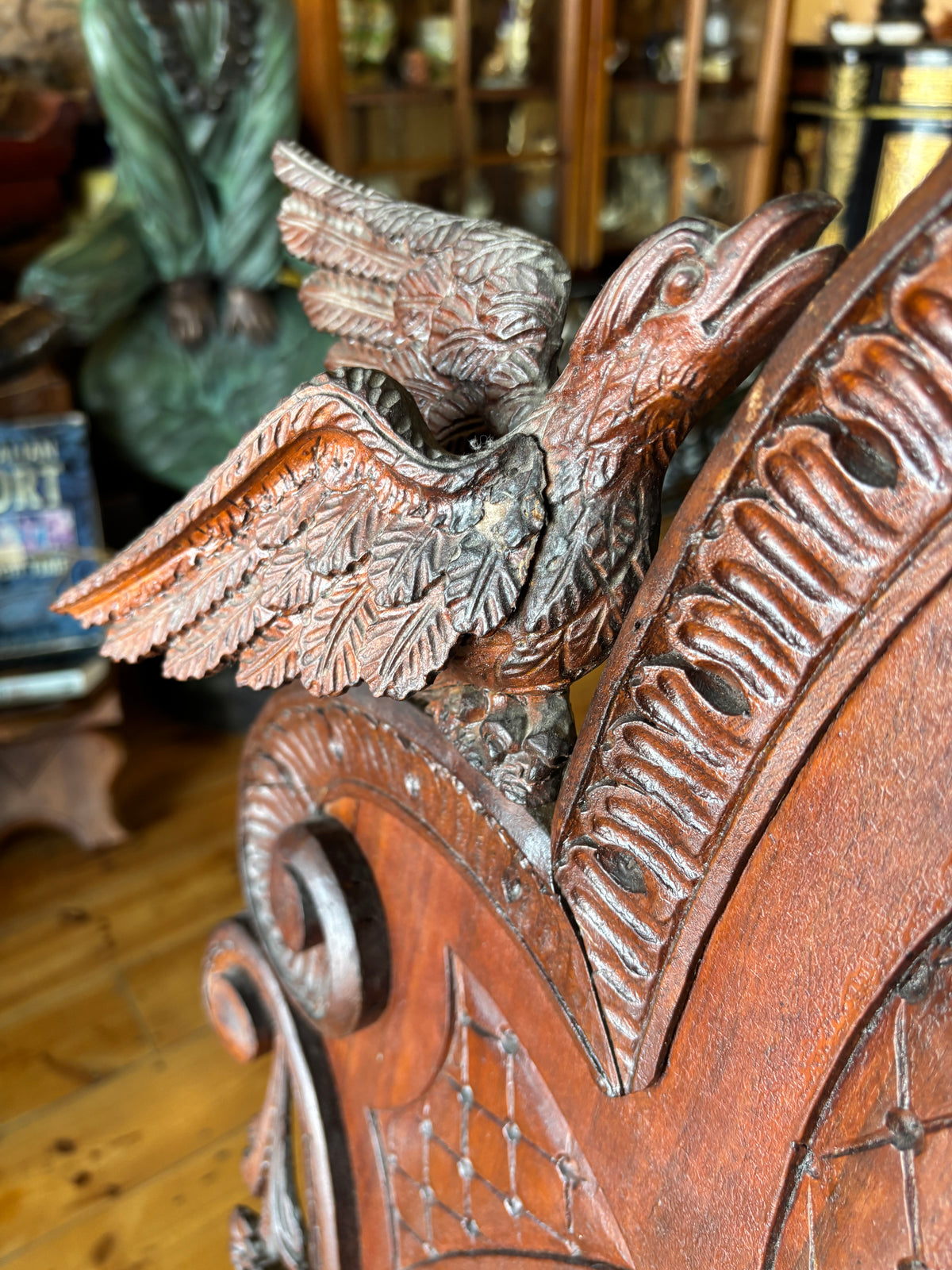 Antique Hand Carved Bird Mirror with Fish | Continental Baroque Revival c.1900 | 124cm