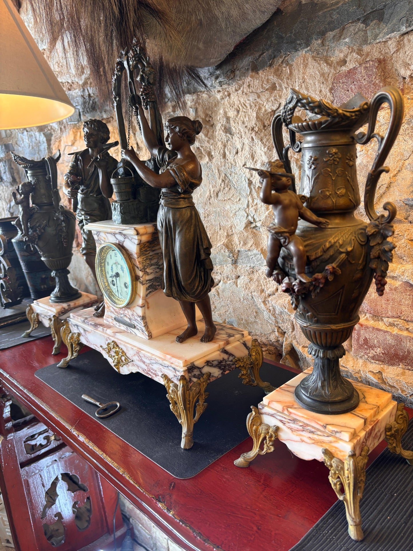 French Antique Marble Figural Clock Garniture – “Rencontre au Puits” by E. Groleau c.1890 – SCAPH Cluses Movement (Not Running)