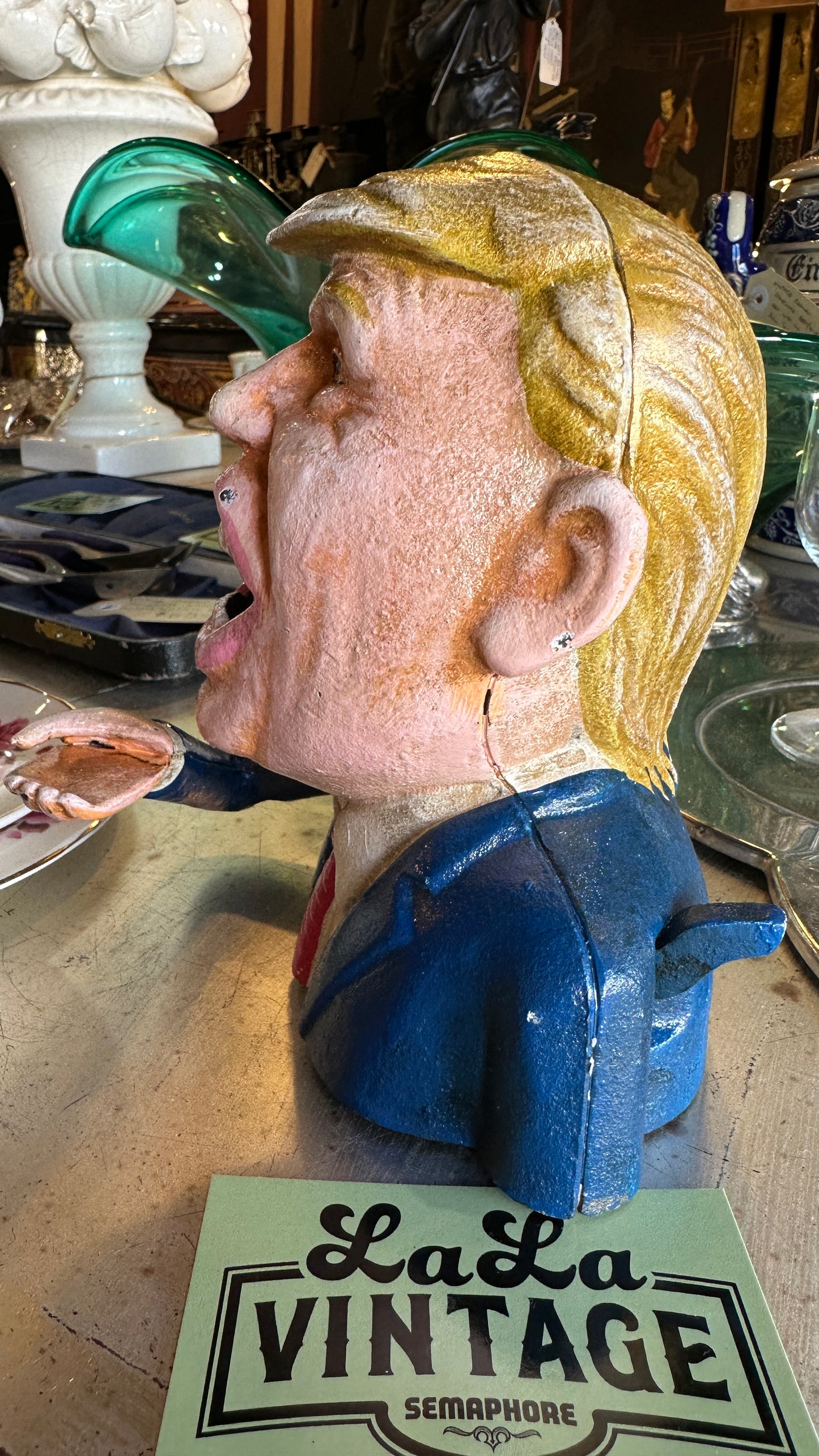 Donald Trump Cast Iron Mechanical Coin Bank, Hand Painted