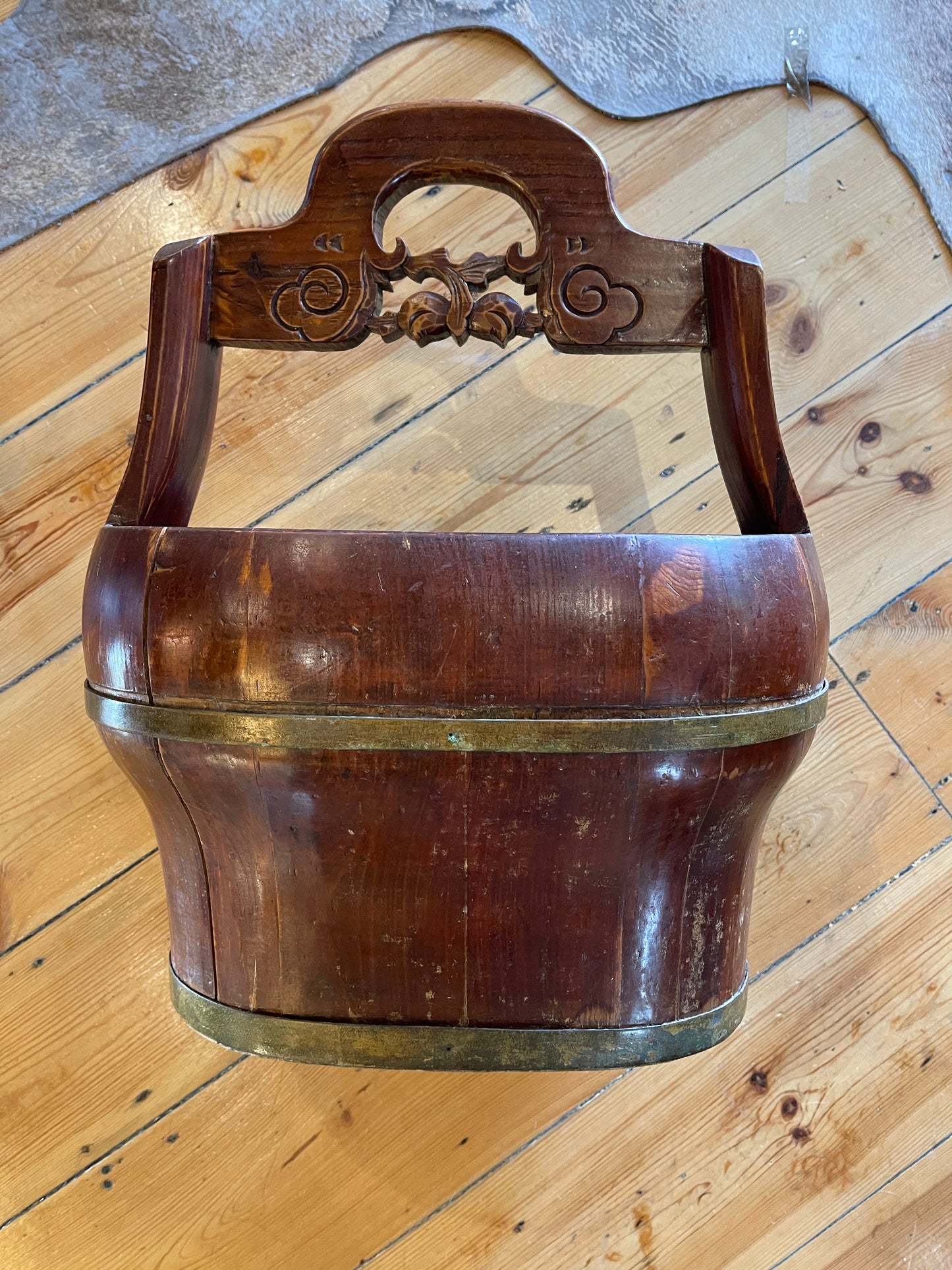 Antique Chinese Wooden Well Bucket with Brass Accents - Rustic Decor