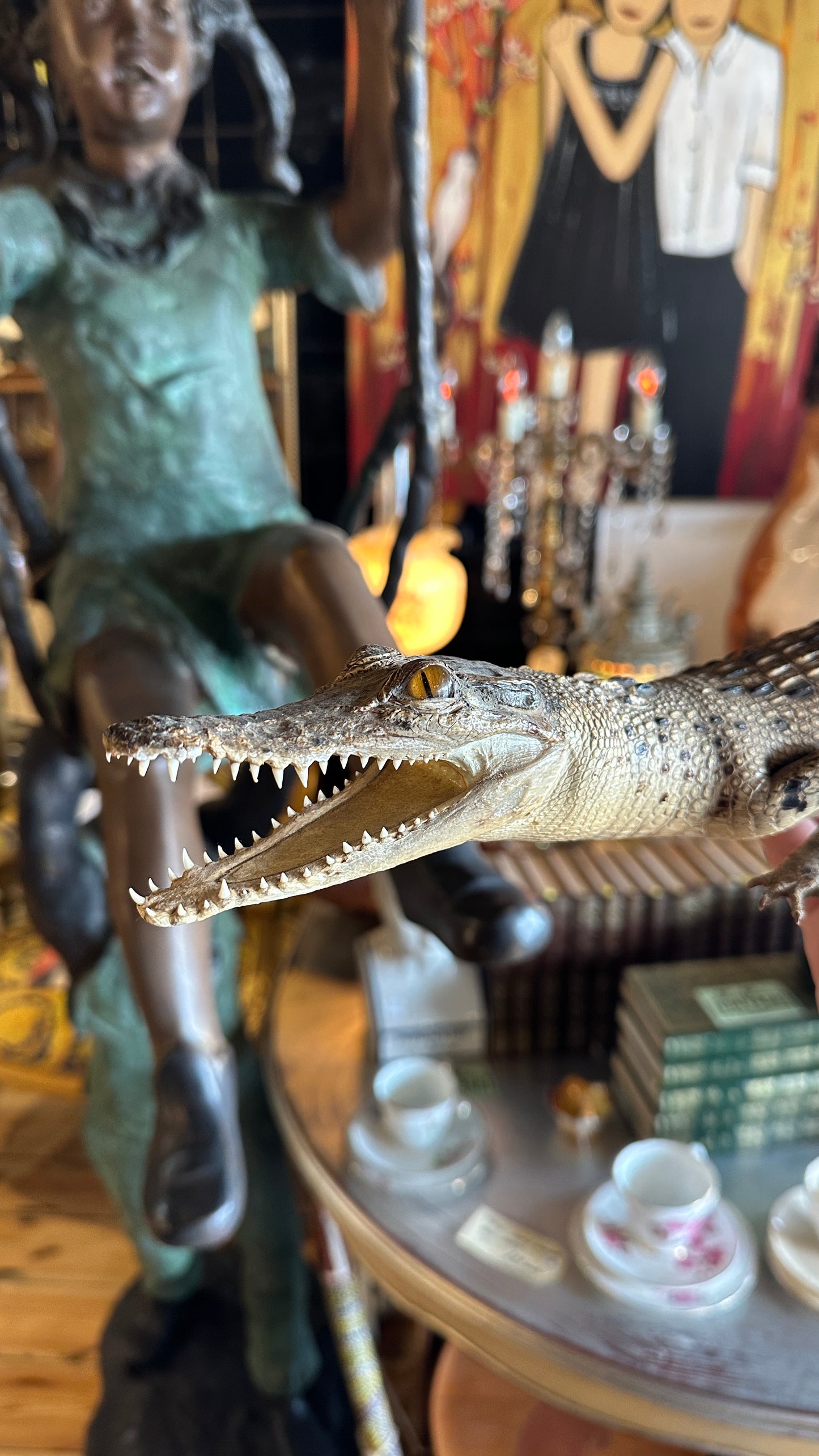 Vintage full-body juvenile crocodile taxidermy specimen with an open mouth and scaly dermal scutes