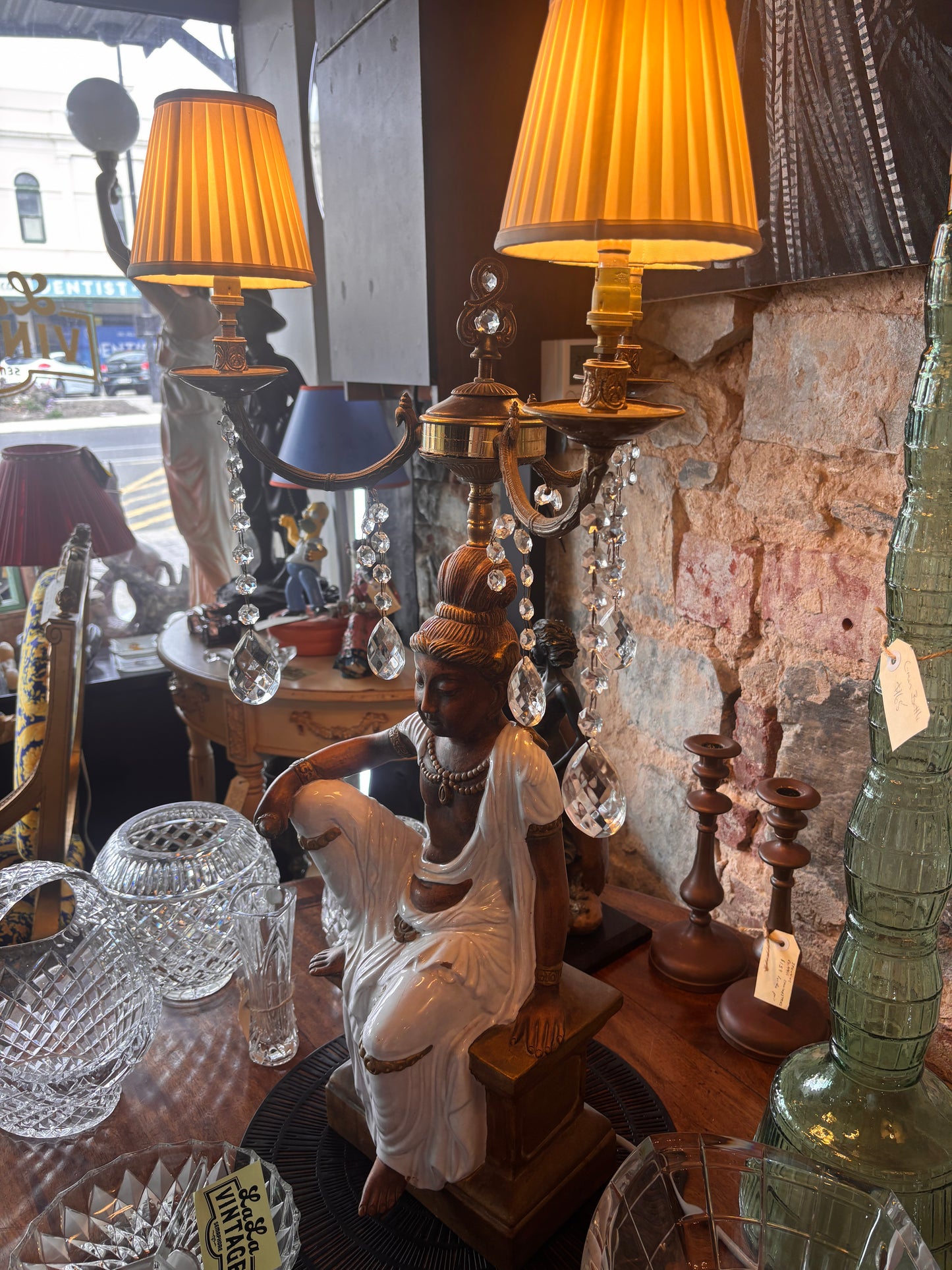 Large Figural Orientalist Table Lamp – Glazed Ceramic & Brass, 3-Light Candelabra, c. 1920s–40s