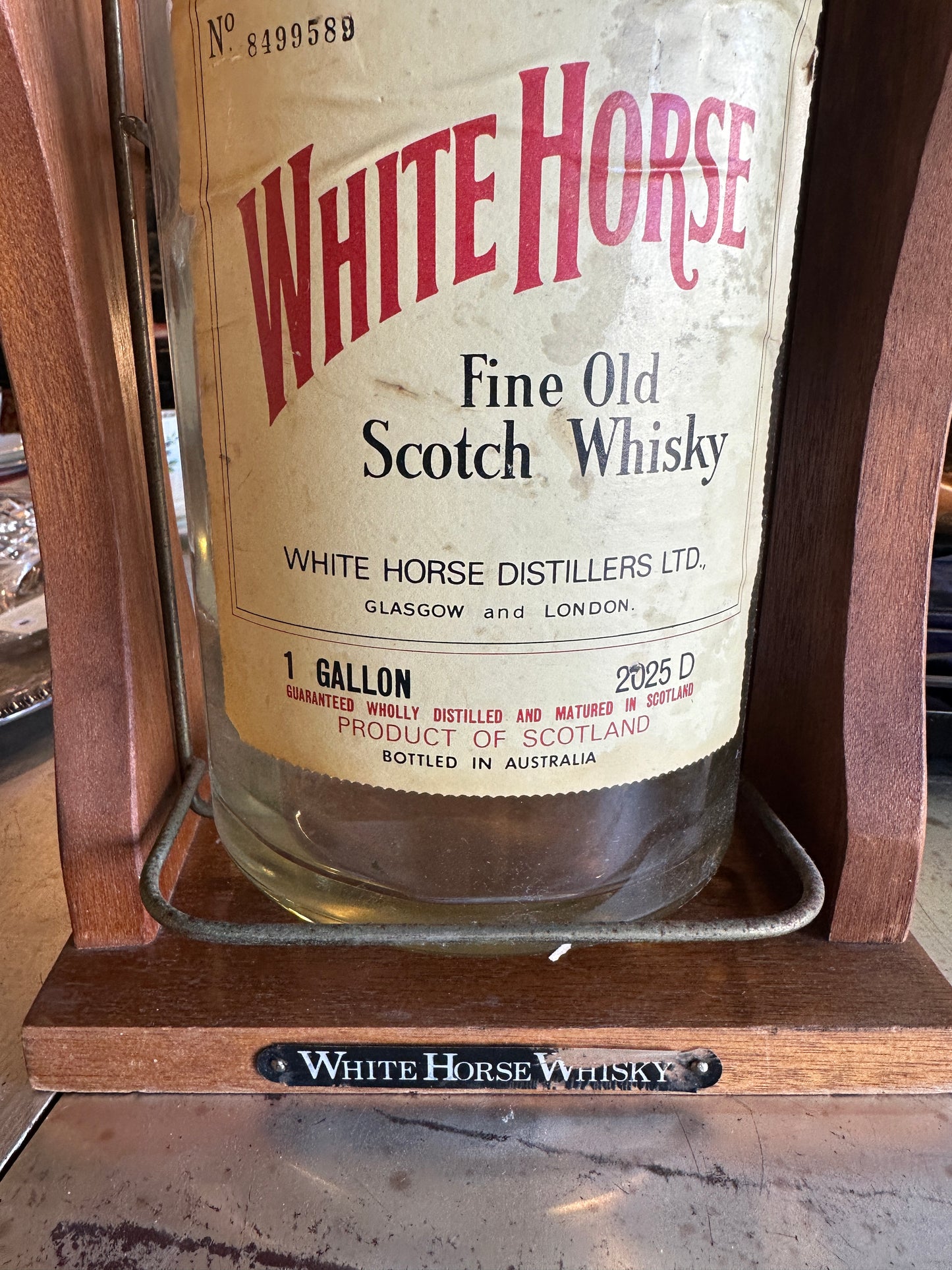 White Horse Whisky, Empty One Gallon Bottle on Pouring Stand