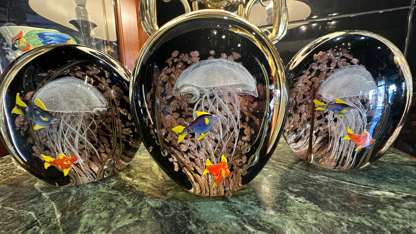 Hand Blown Art Glass Aquarium Paperweight – Jellyfish & Tropical Fish with Aventurine Gold Dust Accent