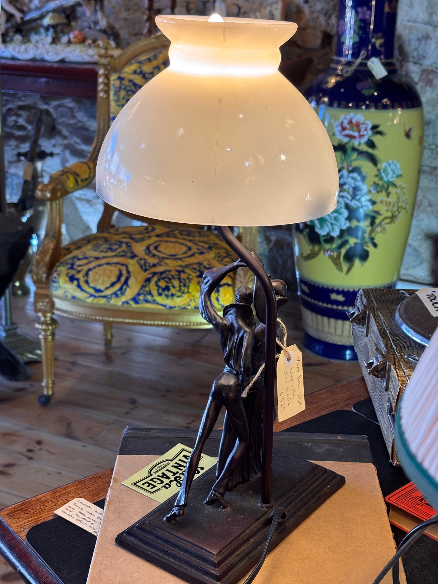 Art Deco Style Bronze Dancer Lamp – Vintage Figural Table Lamp with Frosted Glass Shade