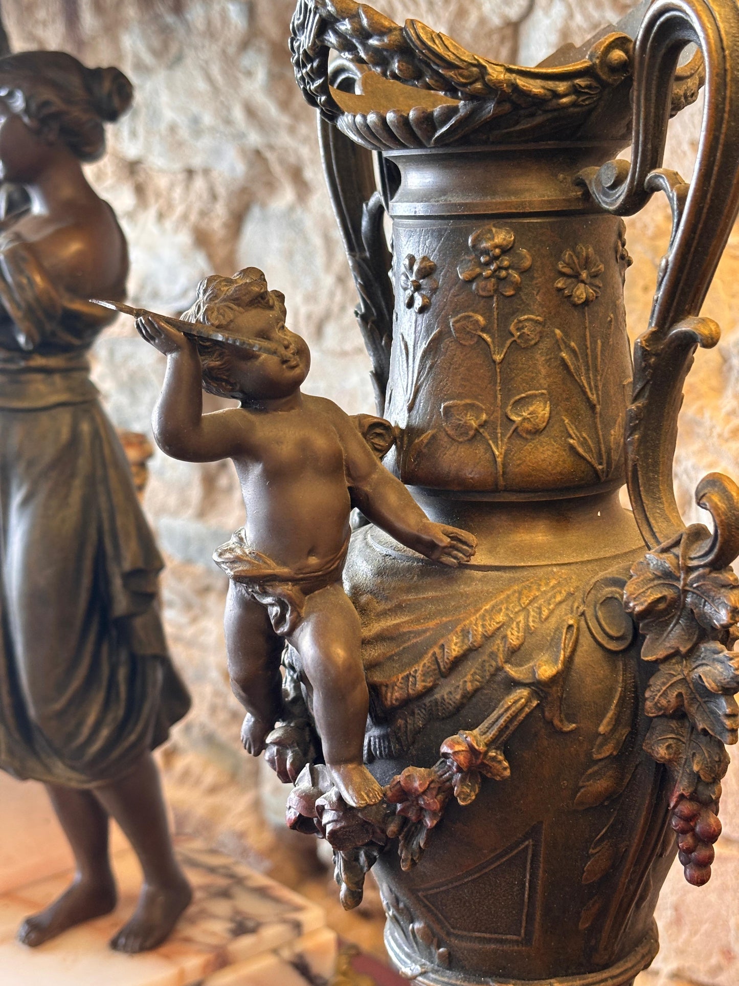 French Antique Marble Figural Clock Garniture – “Rencontre au Puits” by E. Groleau c.1890 – SCAPH Cluses Movement (Not Running)