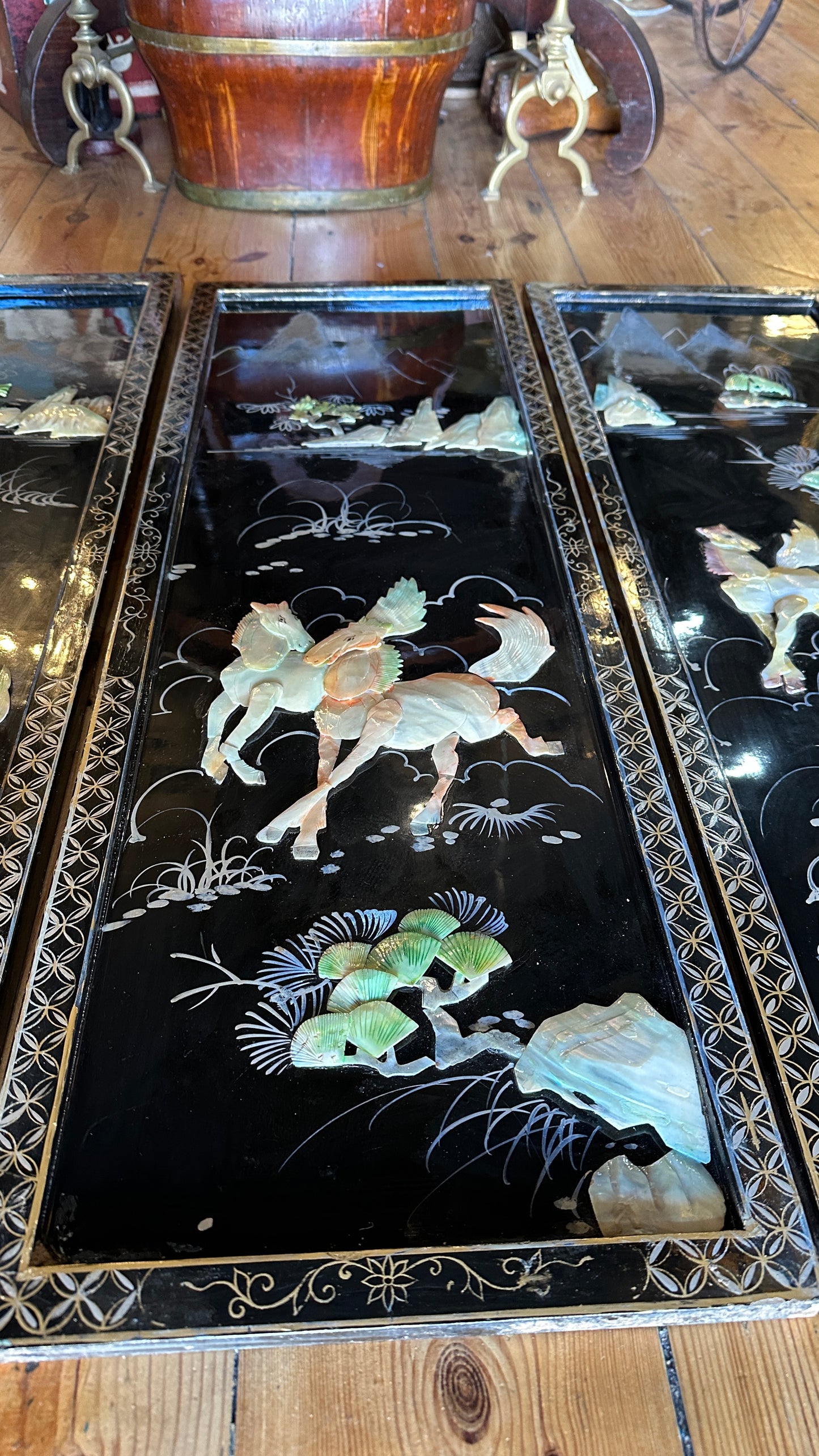 Vintage Asian Black Lacquer & Mother of Pearl Wall Panels - Set of 3