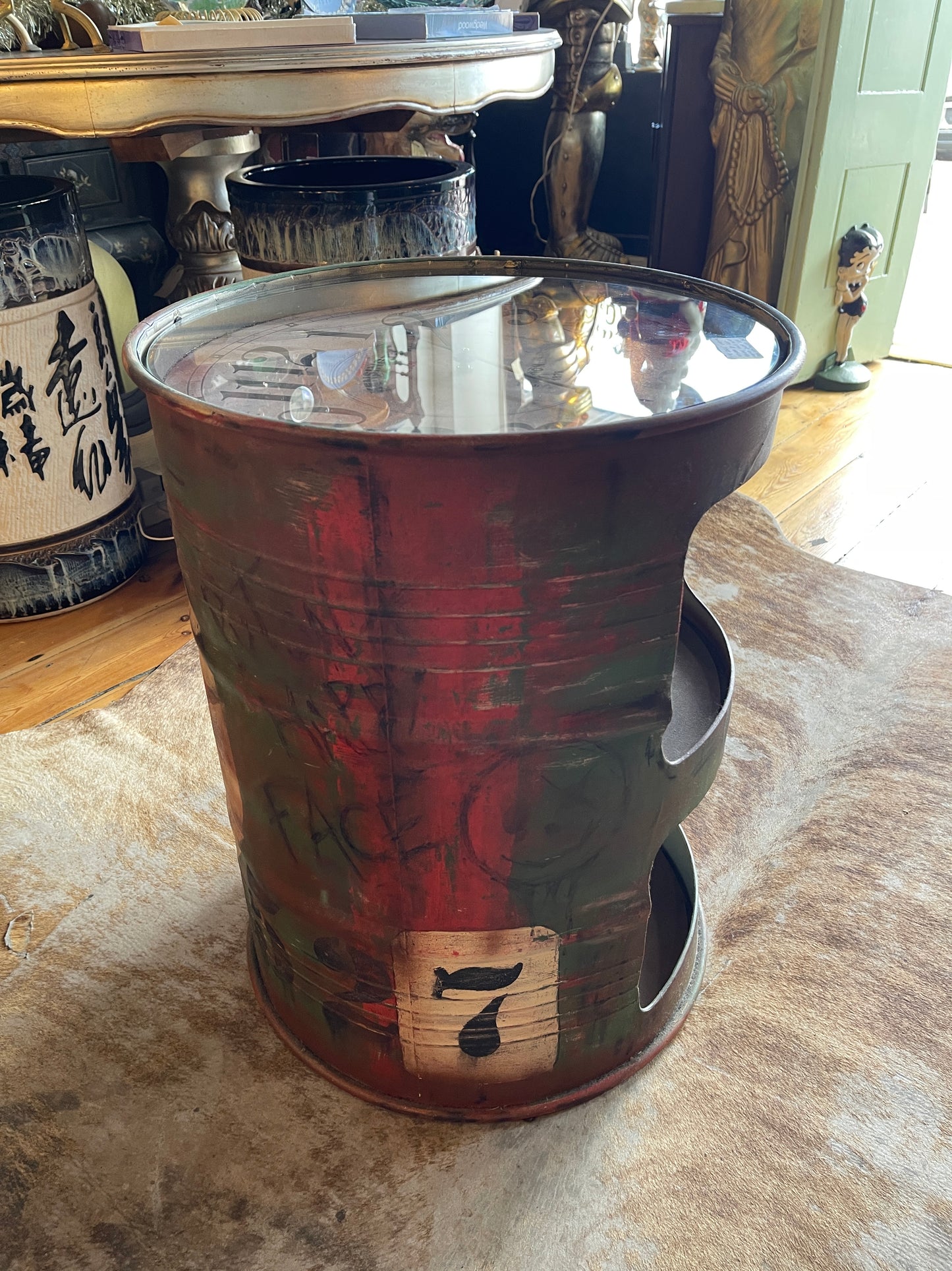 ‘The Joker’ Original Artwork Barrel Side Table with Glass Clock Top