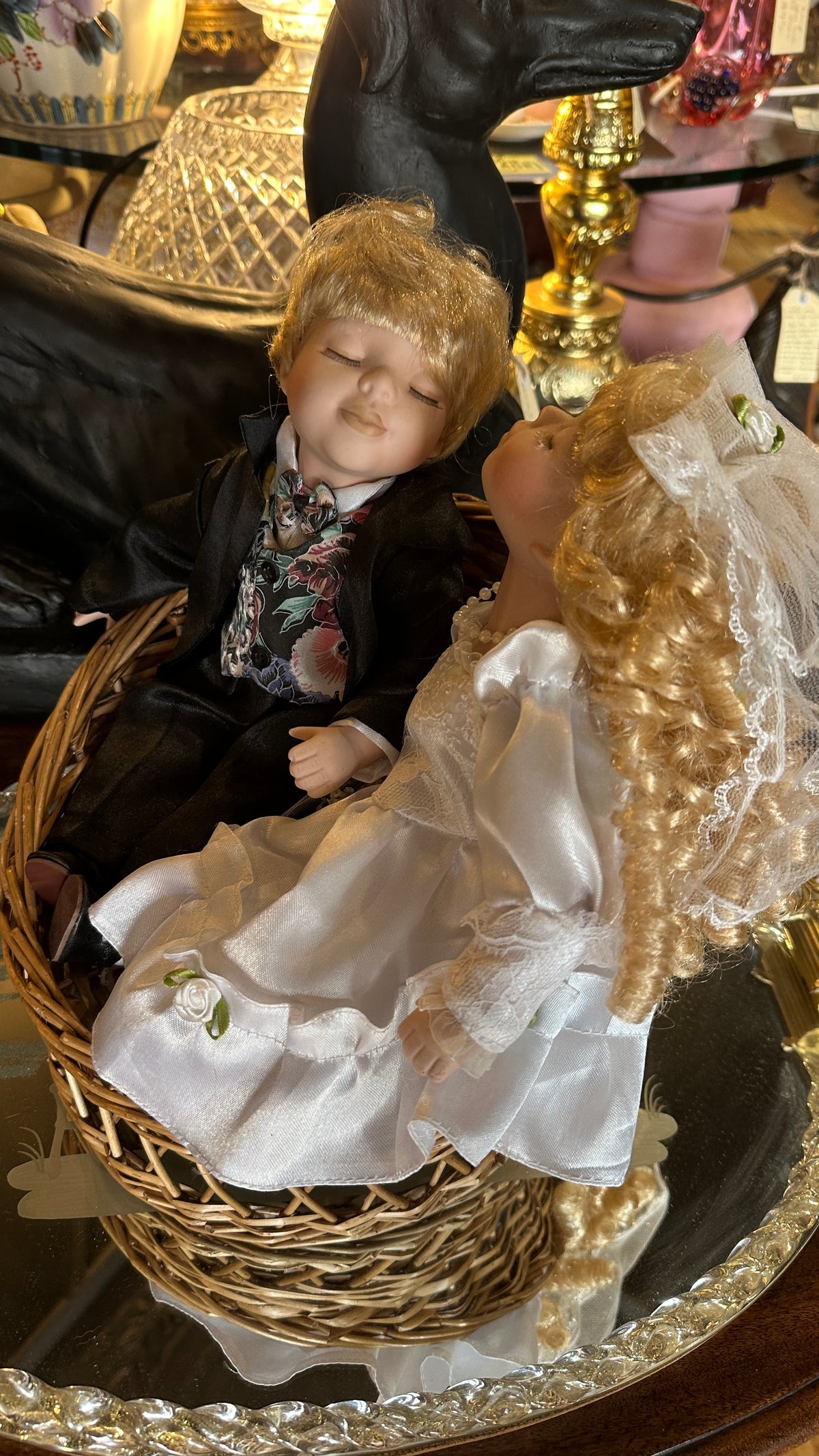 Bride and Groom, porcelain dolls in a basket