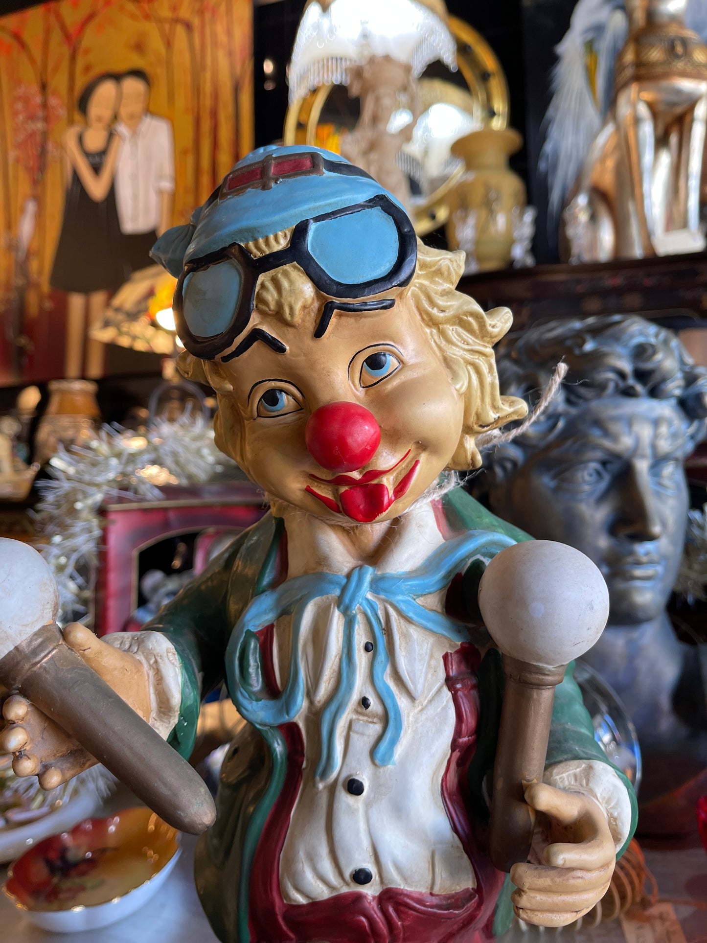 Large Vintage Clown Figurine with Drum and Mallets