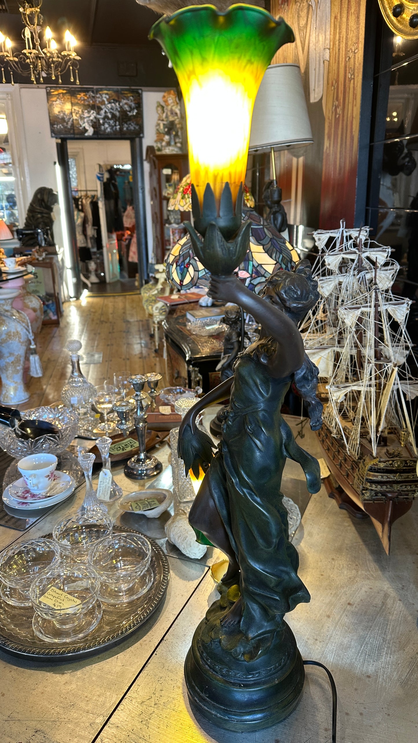 Art Nouveau figural table lamp titled "Lady Liberty”