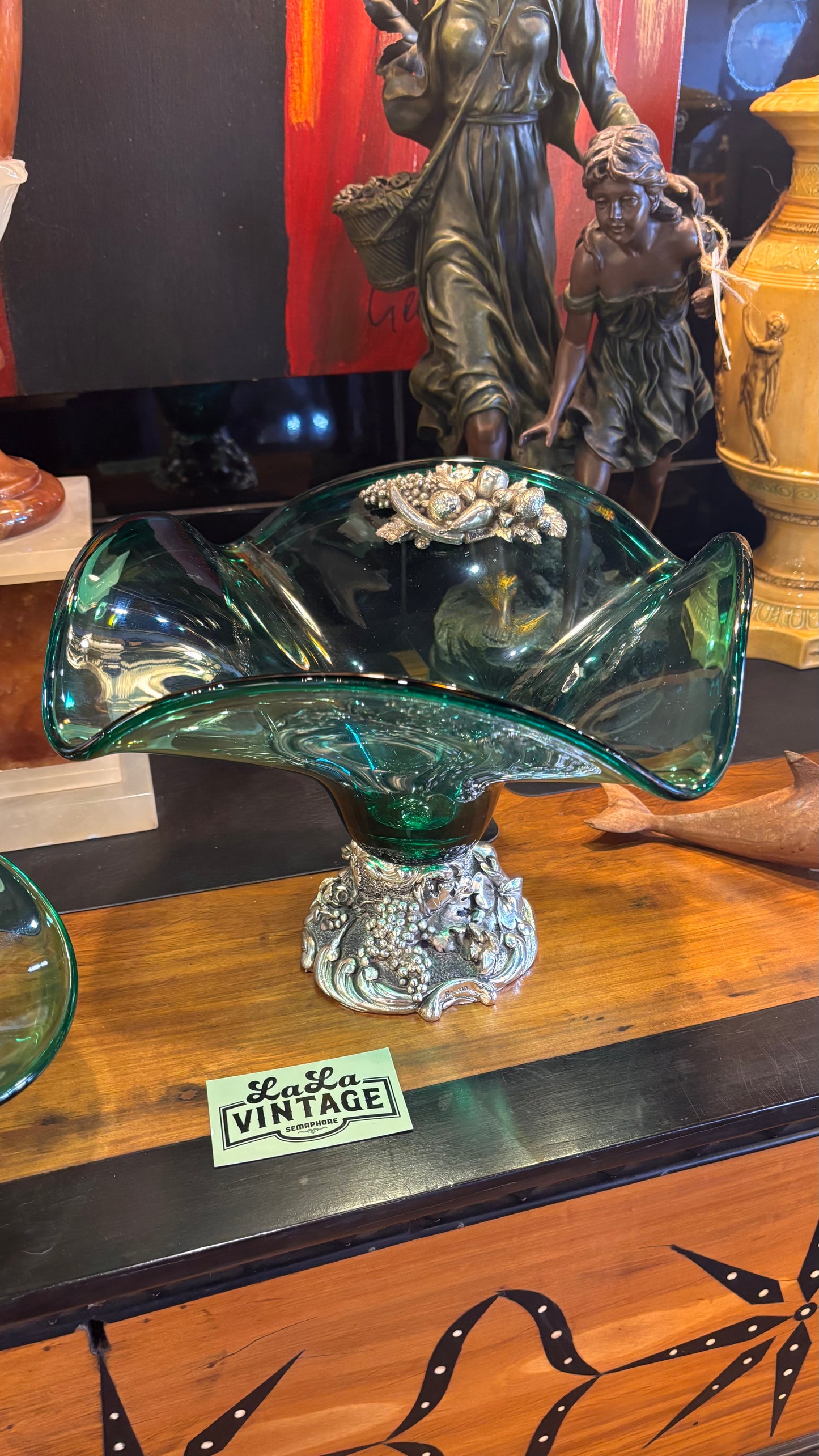 Vintage Italian Green Glass Centerpiece Bowl with Silver Base – Robean – Handcrafted Rococo Style, 35cm