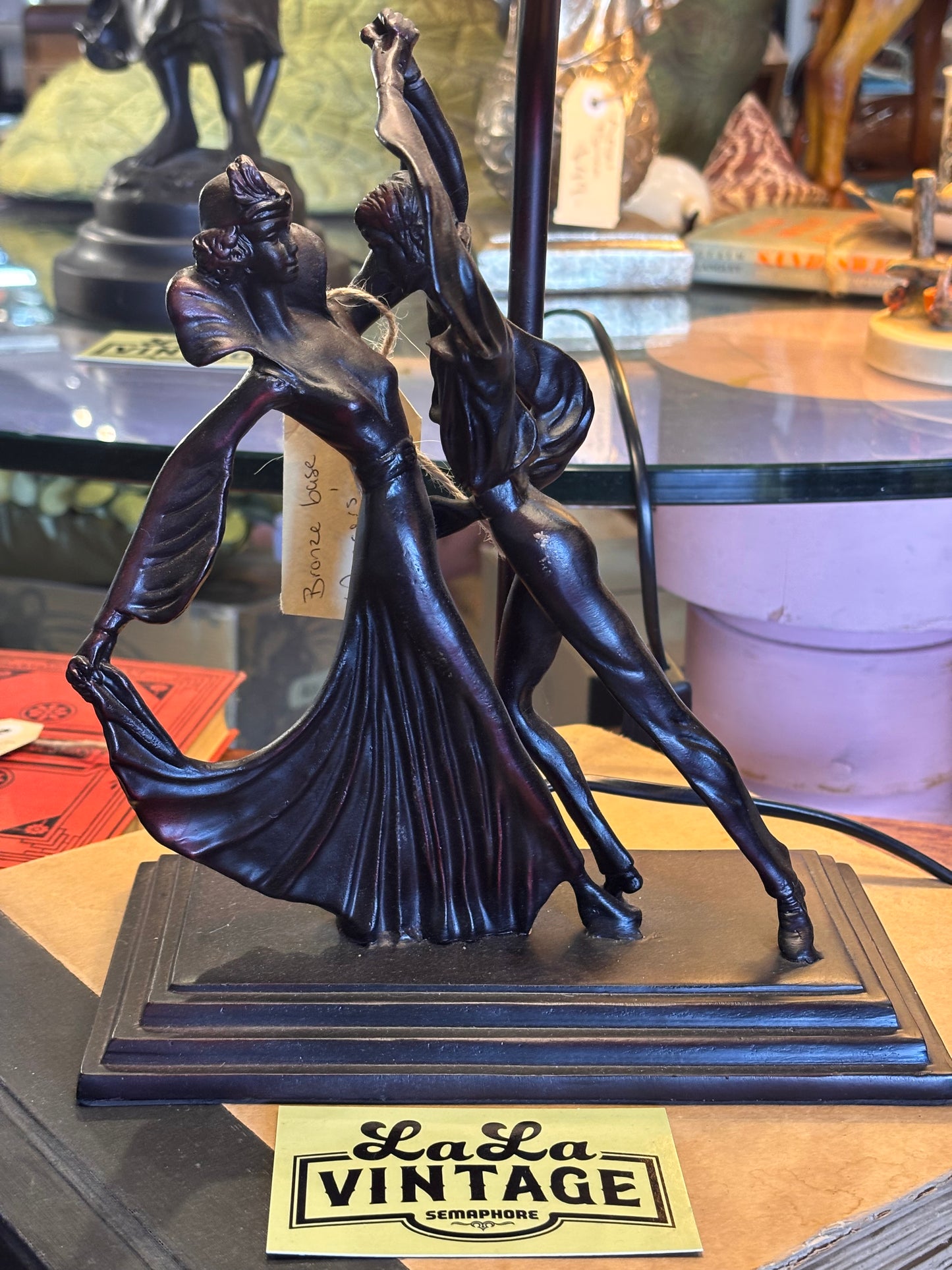 Art Deco Style Bronze Dancer Lamp – Vintage Figural Table Lamp with Frosted Glass Shade