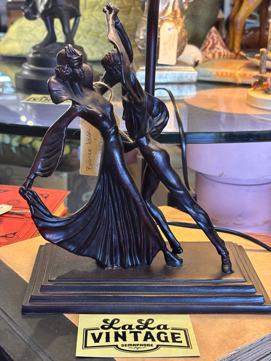 Art Deco Style Bronze Dancer Lamp – Vintage Figural Table Lamp with Frosted Glass Shade