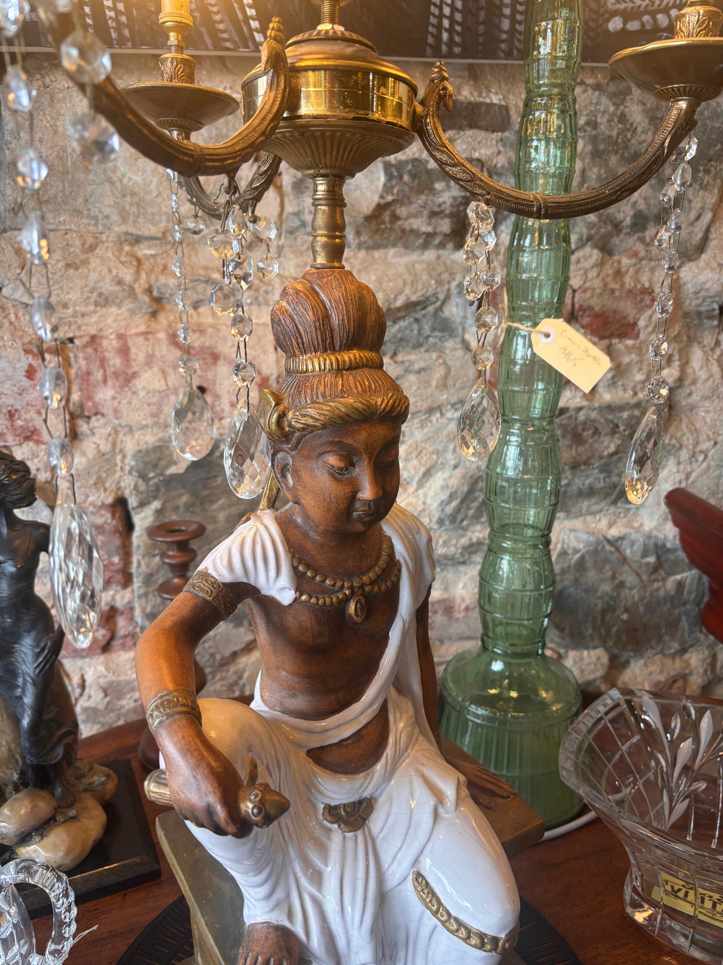 Large Figural Orientalist Table Lamp – Glazed Ceramic & Brass, 3-Light Candelabra, c. 1920s–40s