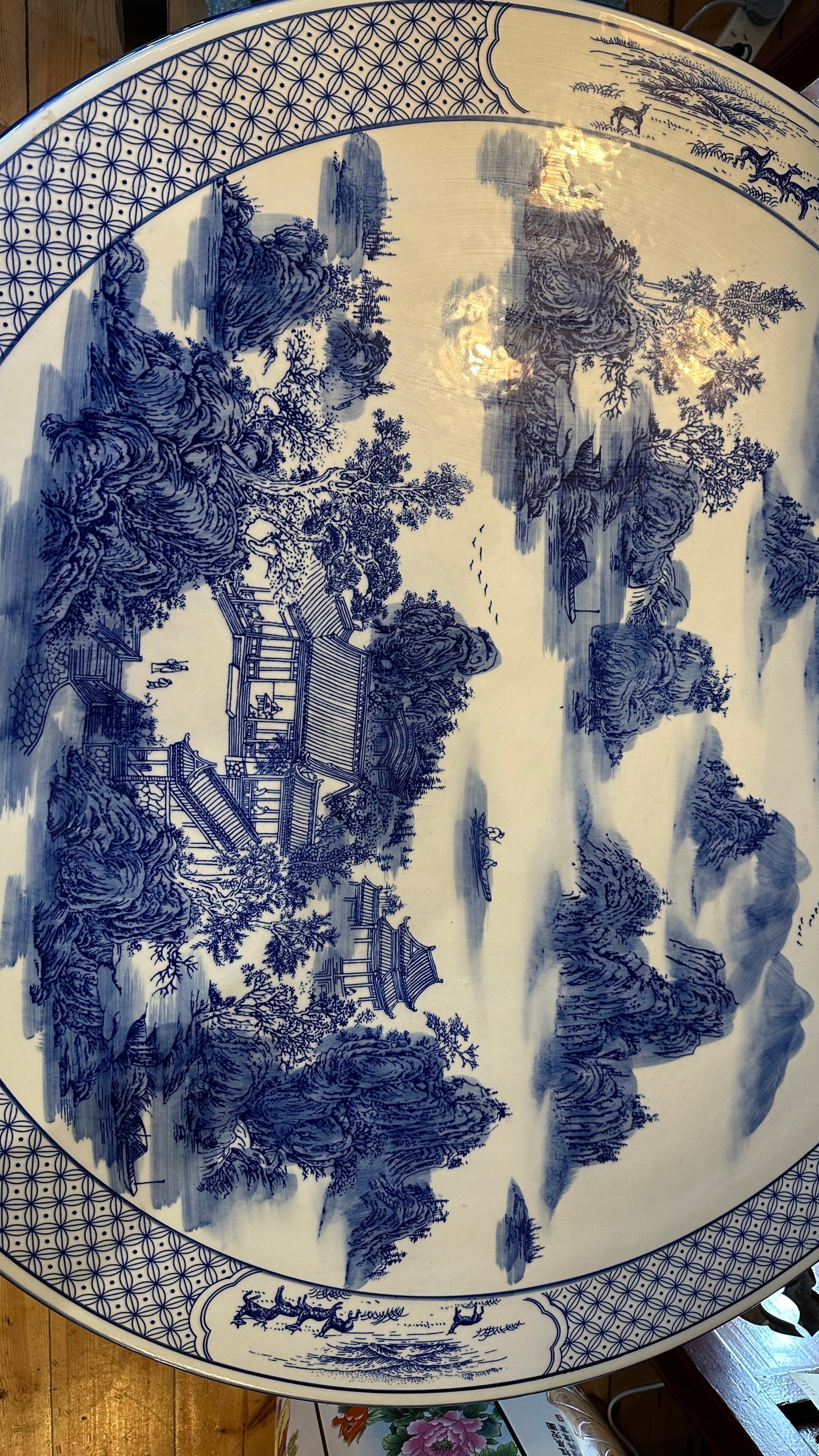 Chinese blue and white porcelain garden table with beautiful landscaped scene