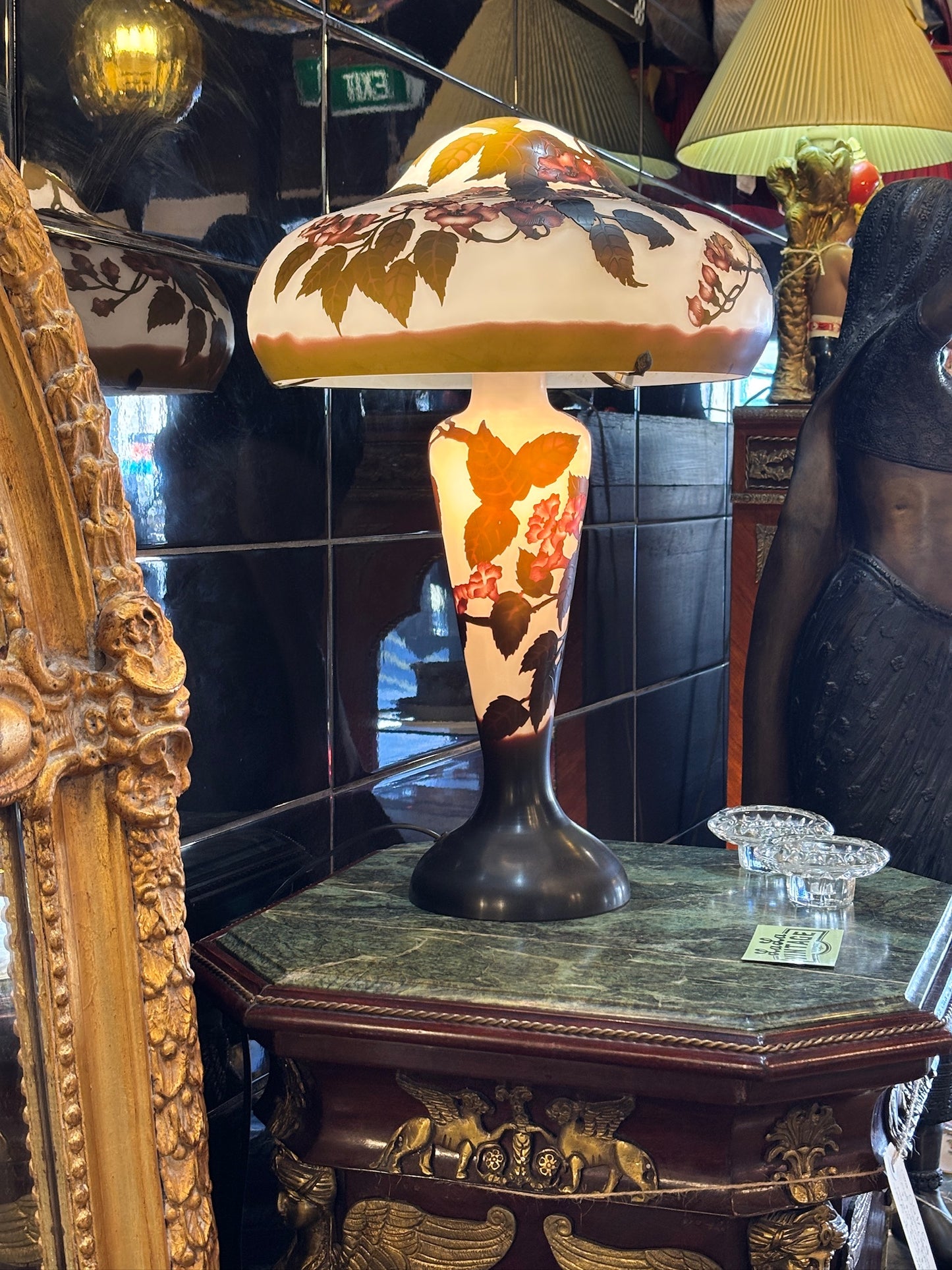 Vintage Art Nouveau Style Cameo Glass Mushroom Lamp - French Floral Double-Lit Table Lamp
