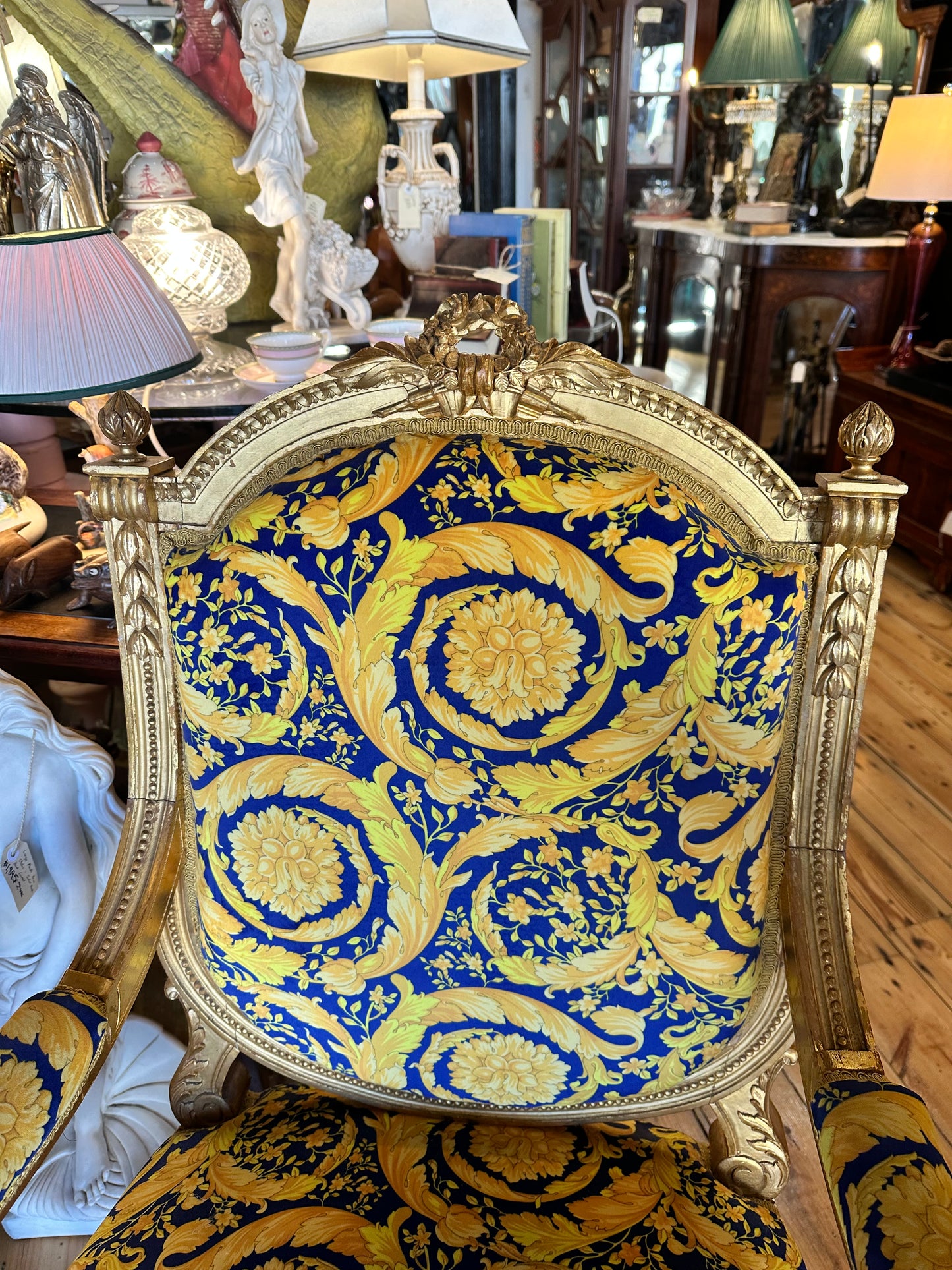 Louis XVI Carved Gilt Framed Armchairs Upholstered with Versace Fabric - Sold Separately