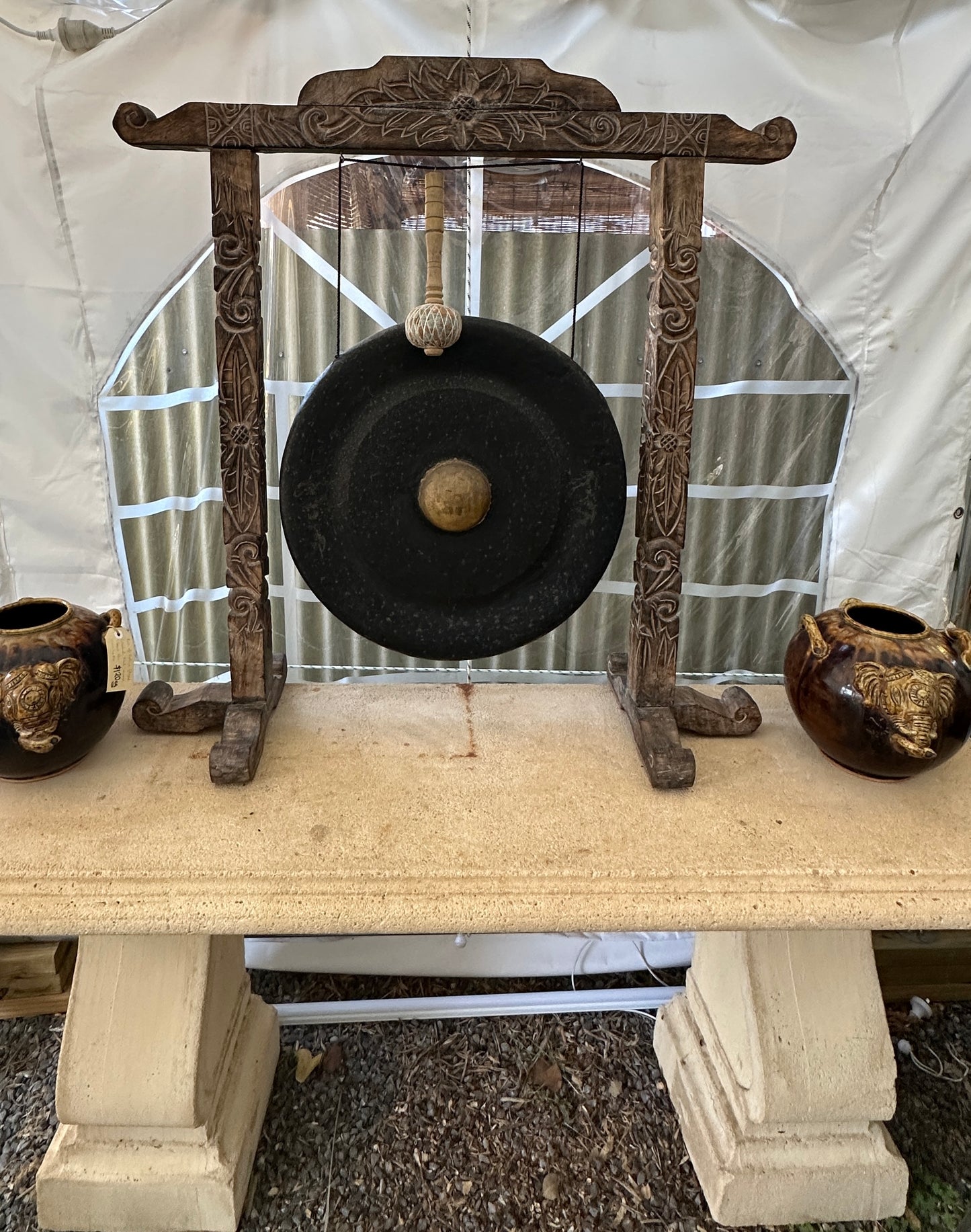 Large Ornate Carved Dinner Gong with Stand