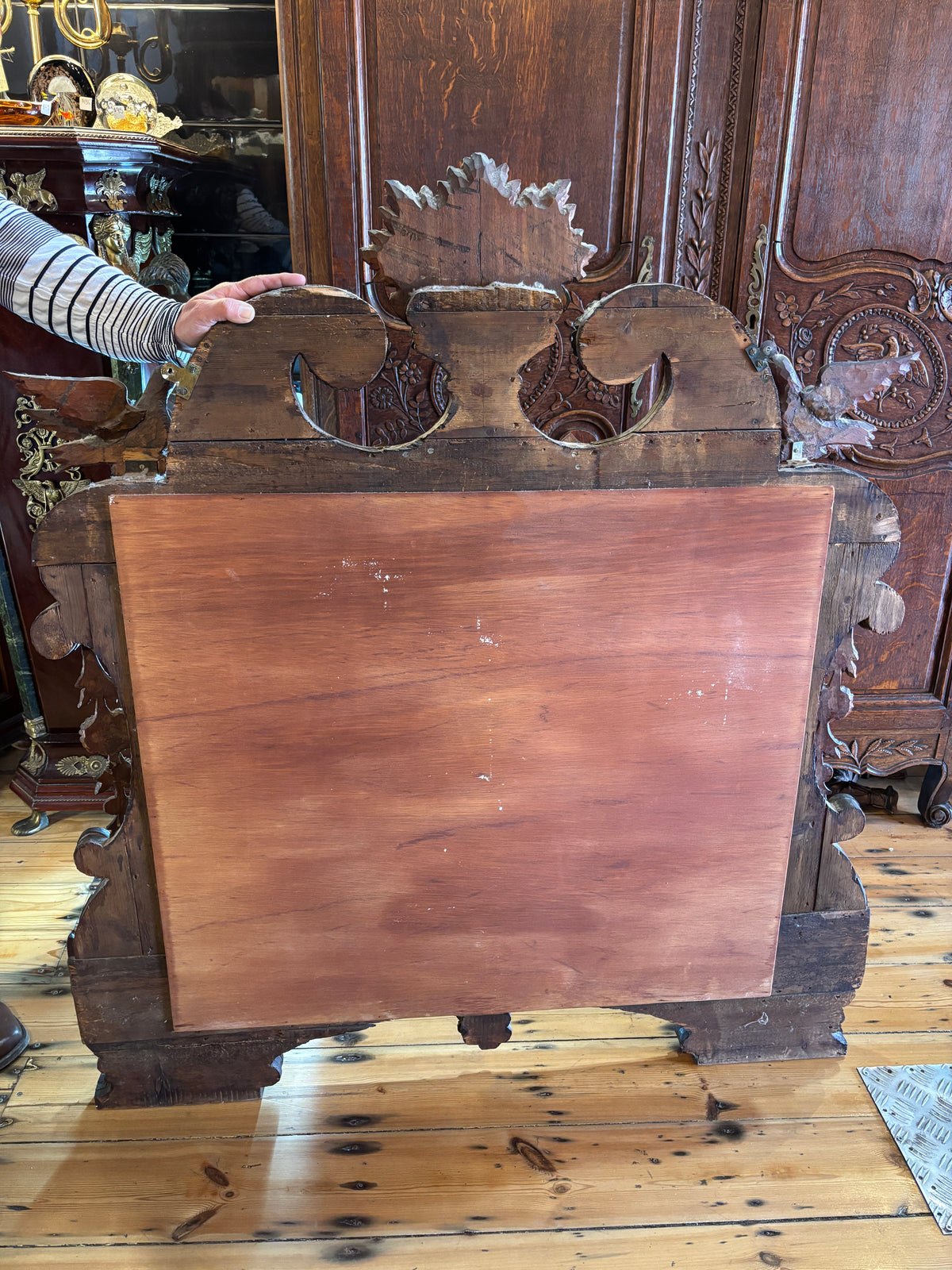Antique Hand Carved Bird Mirror with Fish | Continental Baroque Revival c.1900 | 124cm