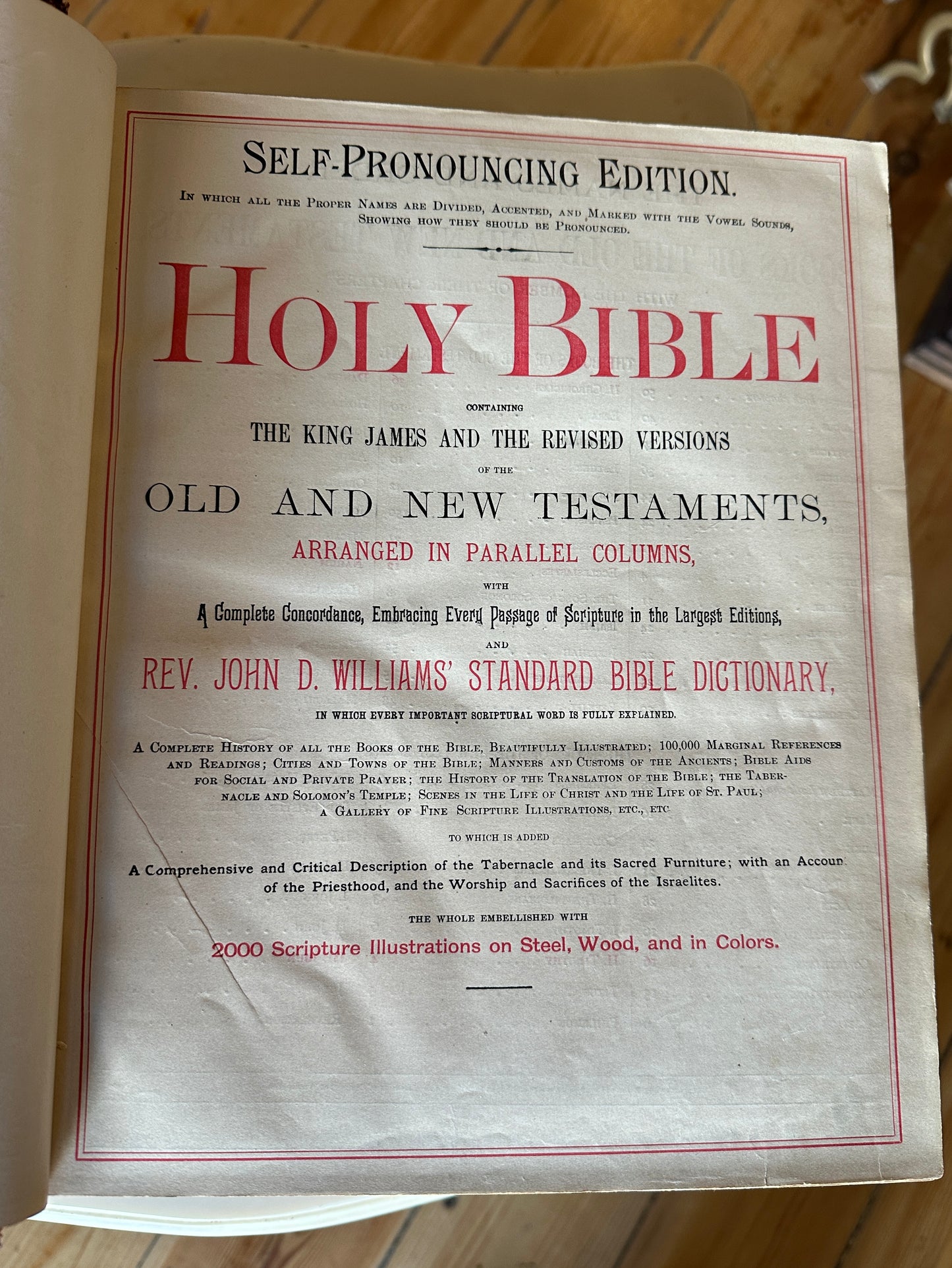 Pronouncing Parallel Bible, 1890s with over 2000 illustrations (some in colour) with indented leather binding