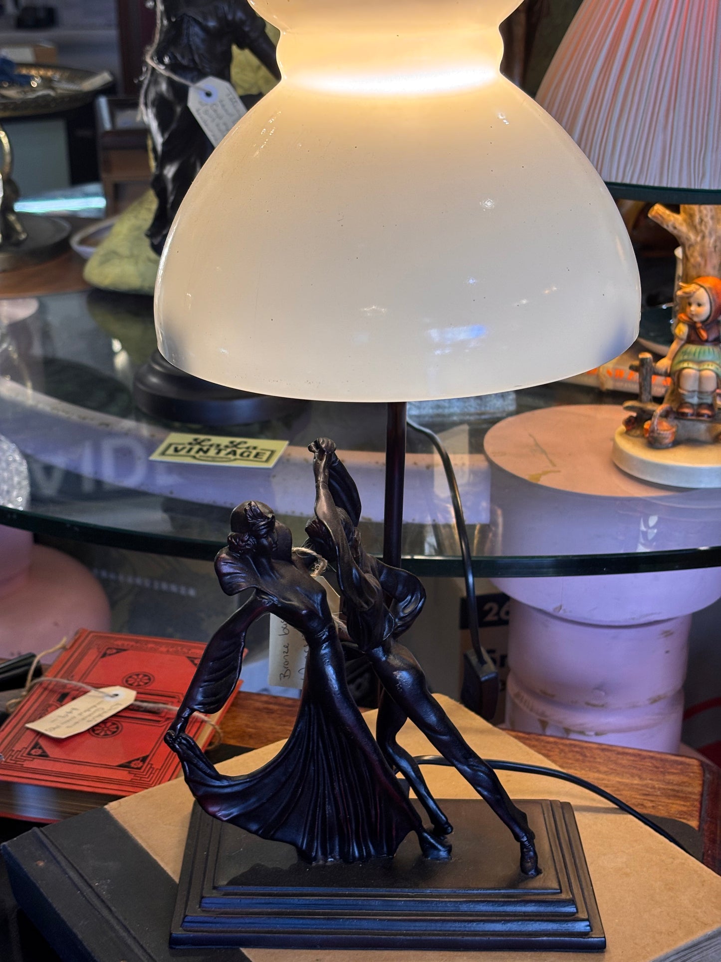 Art Deco Style Bronze Dancer Lamp – Vintage Figural Table Lamp with Frosted Glass Shade