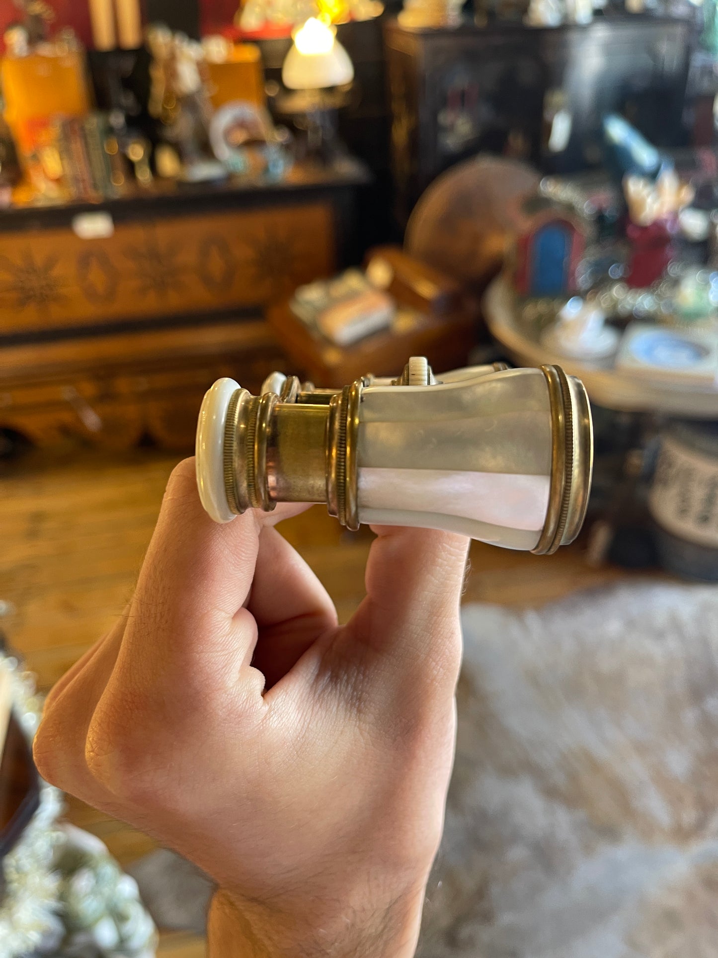 Antique Brass & Mother of Pearl Opera Glasses Binoculars with Velvet Purse - Circa 1890s