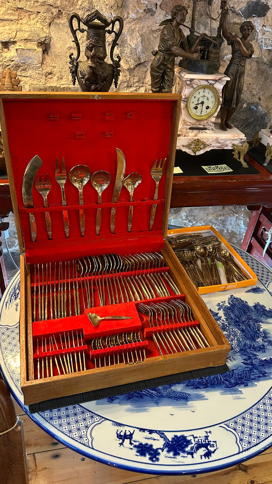 Vintage Solid Nickel-Bronze Thailand Large Expanded Dinner Cutlery Set