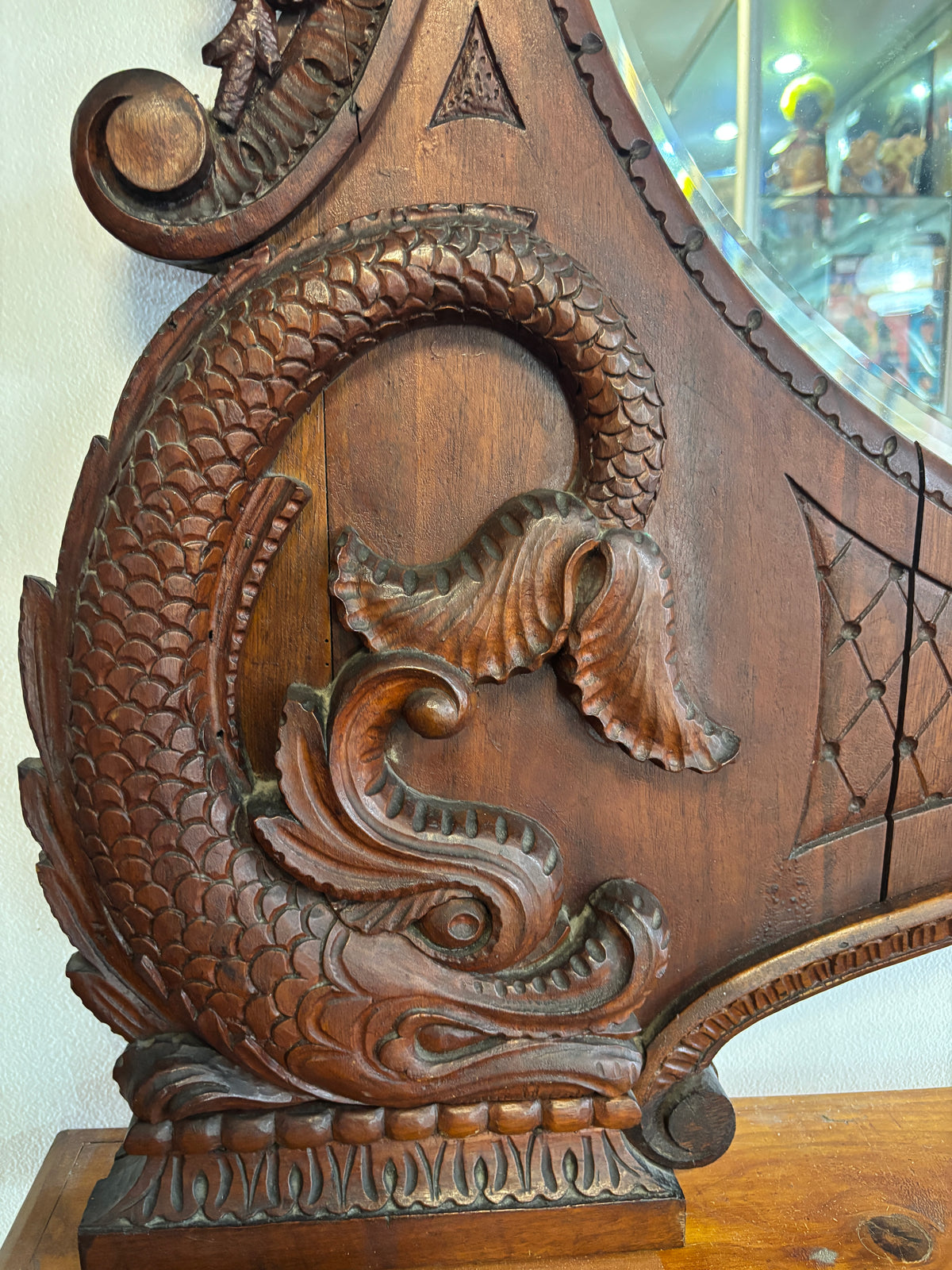 Antique Hand Carved Bird Mirror with Fish | Continental Baroque Revival c.1900 | 124cm