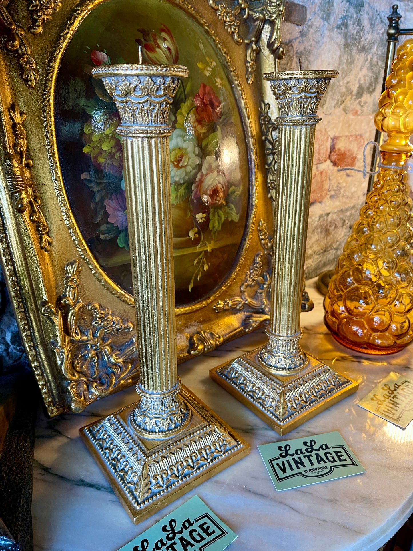 Pair of Ornate Column Candle Holders – Painted Gold