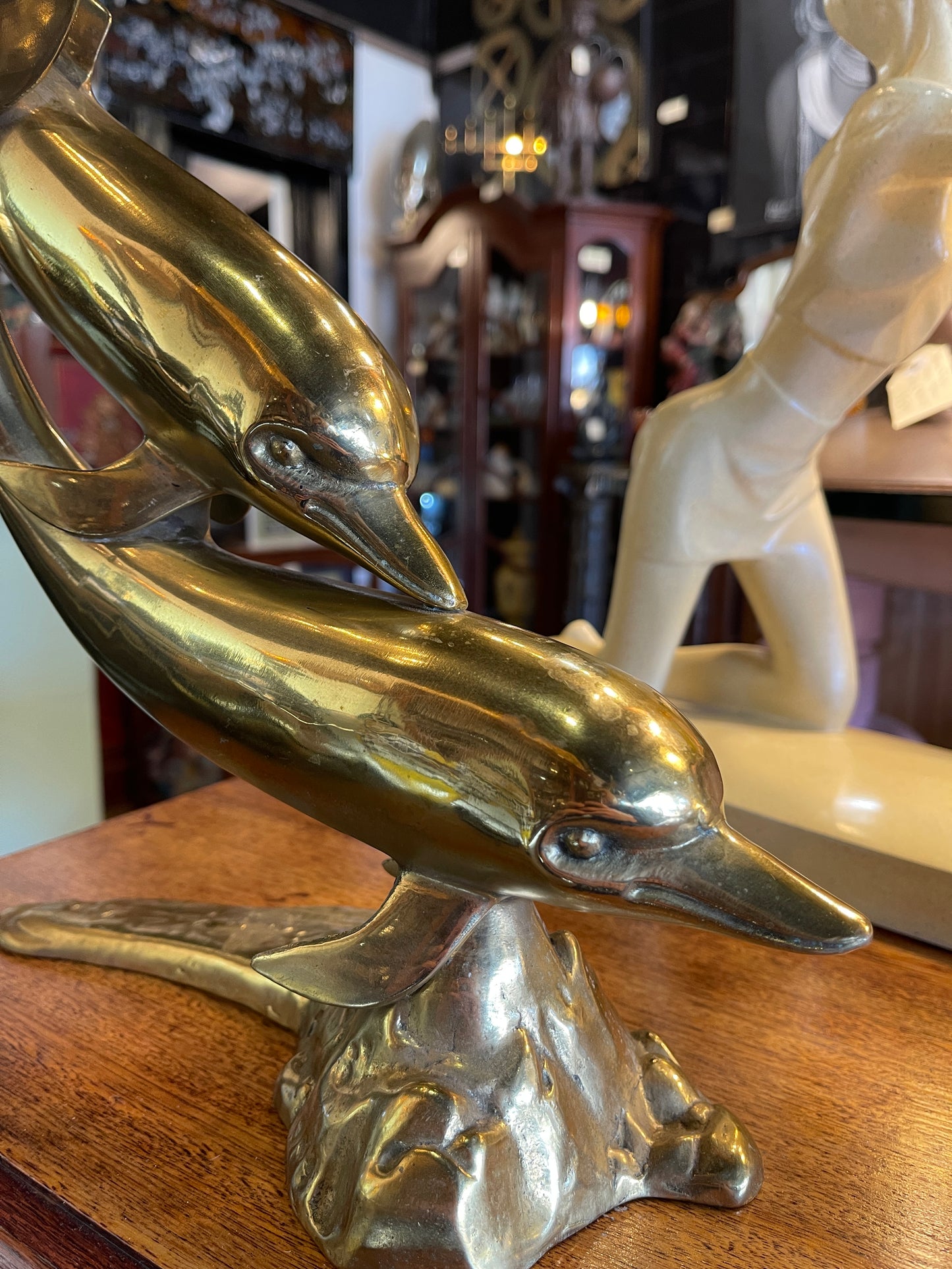 Elegant Polished Brass Dolphin Sculpture – 44cm High