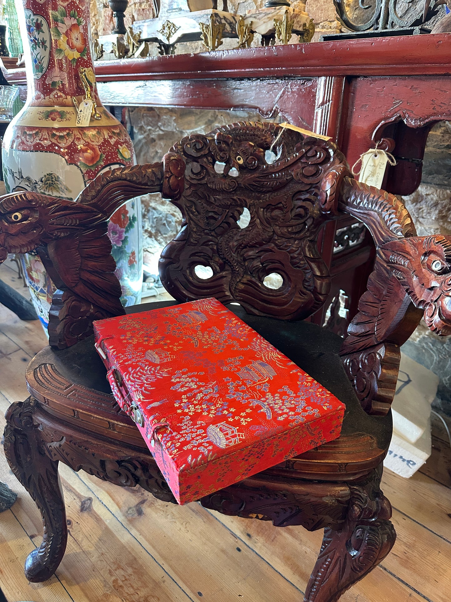 Vintage Mahjong set, including red brocade silk case and "Standard Rules" booklet