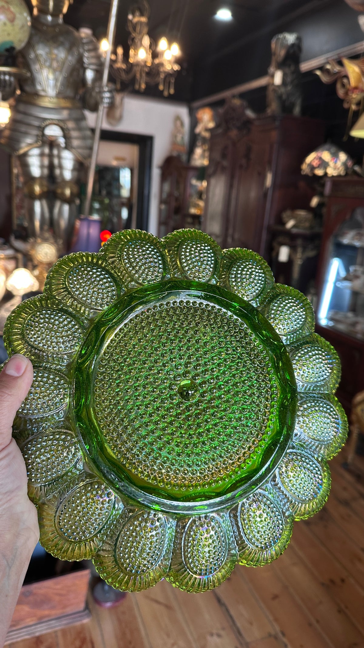 Indiana Glass Carnival Green Hobnail Deviled Egg Plate