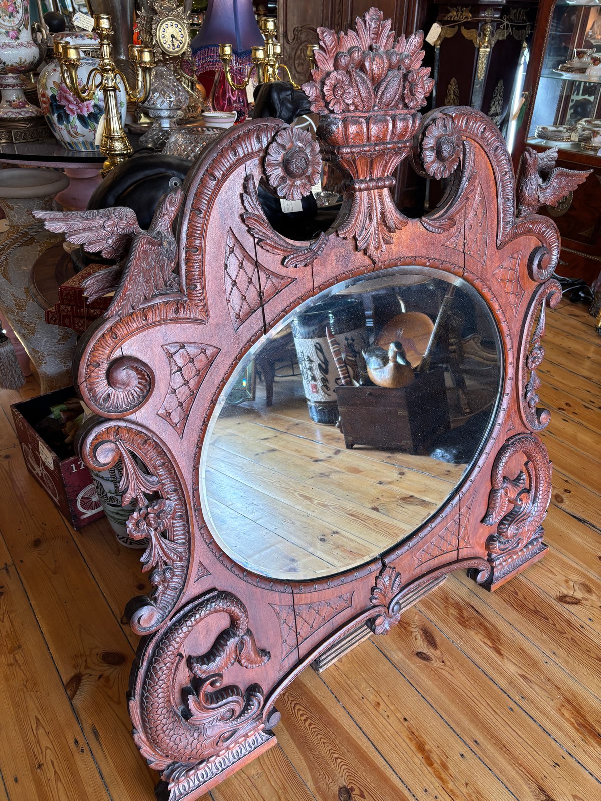 Antique Hand Carved Bird Mirror with Fish | Continental Baroque Revival c.1900 | 124cm
