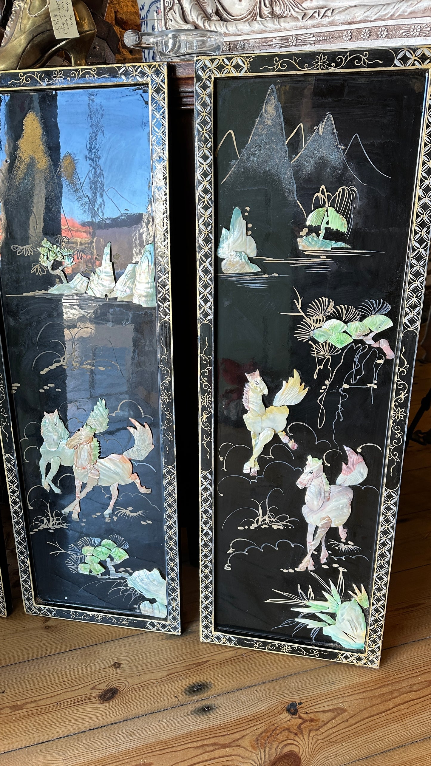 Vintage Asian Black Lacquer & Mother of Pearl Wall Panels - Set of 3