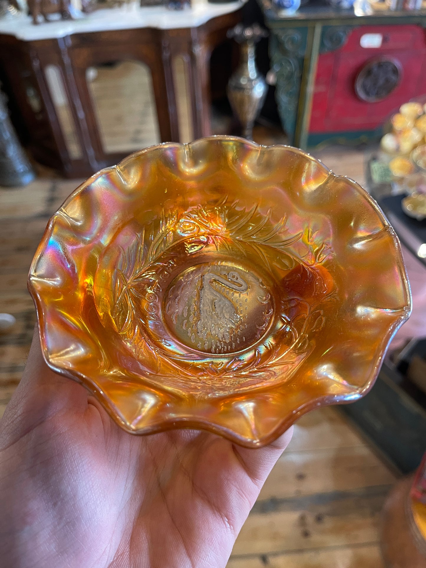 Carnival Glass Bowls Set of 3 Amethyst Kangaroo, Marigold Piping Shrike Bird and Marigold Swan - Australia 1920s