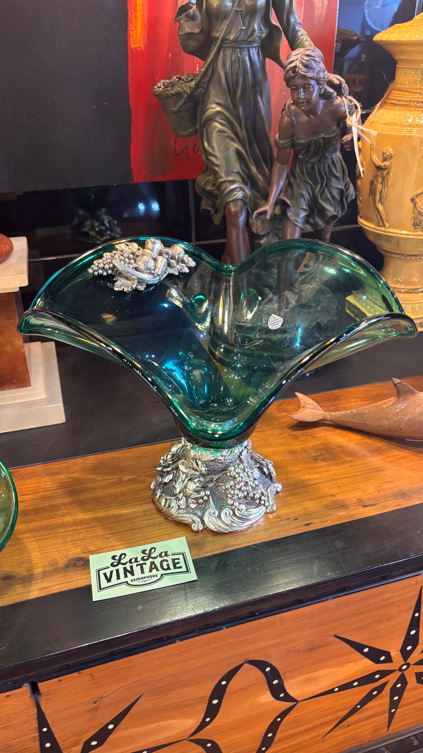 Vintage Italian Green Glass Centerpiece Bowl with Silver Base – Robean – Handcrafted Rococo Style, 35cm