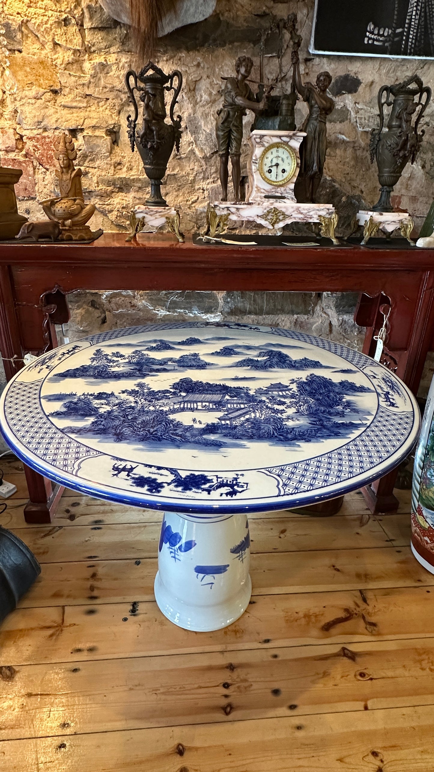 Chinese blue and white porcelain garden table with beautiful landscaped scene