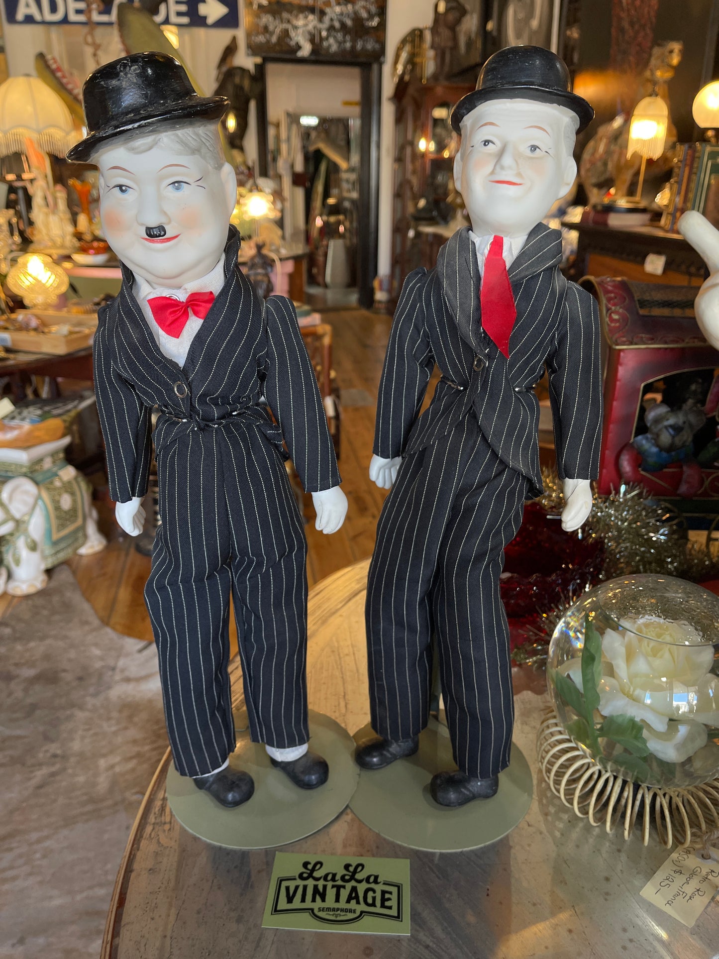 Vintage Laurel and Hardy Porcelain Dolls on Stands – Set of Two