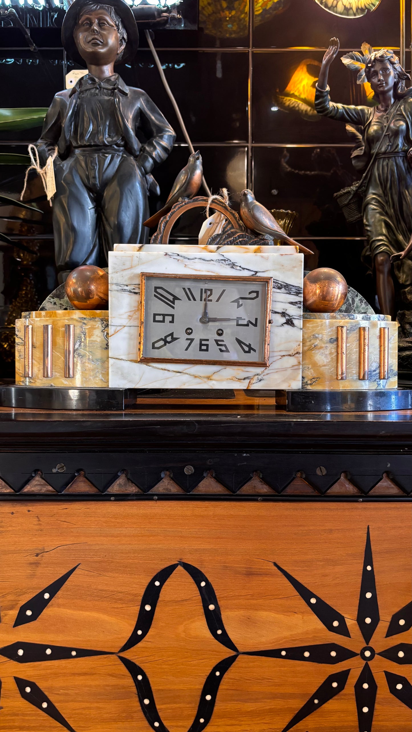 1930s French Art Deco Marble Clock Garniture Set with Patinated Bird Sculptures