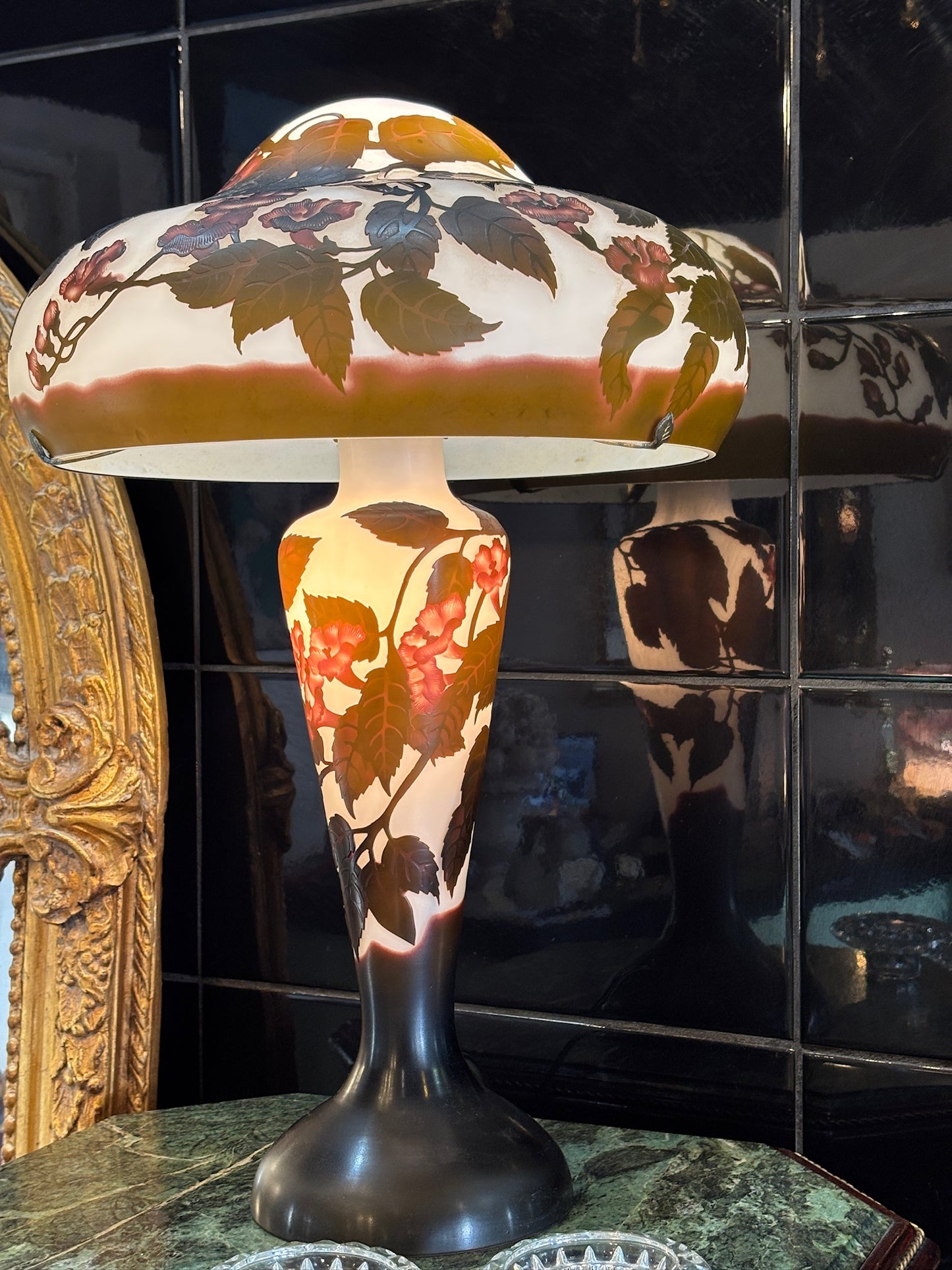 Vintage Art Nouveau Style Cameo Glass Mushroom Lamp - French Floral Double-Lit Table Lamp