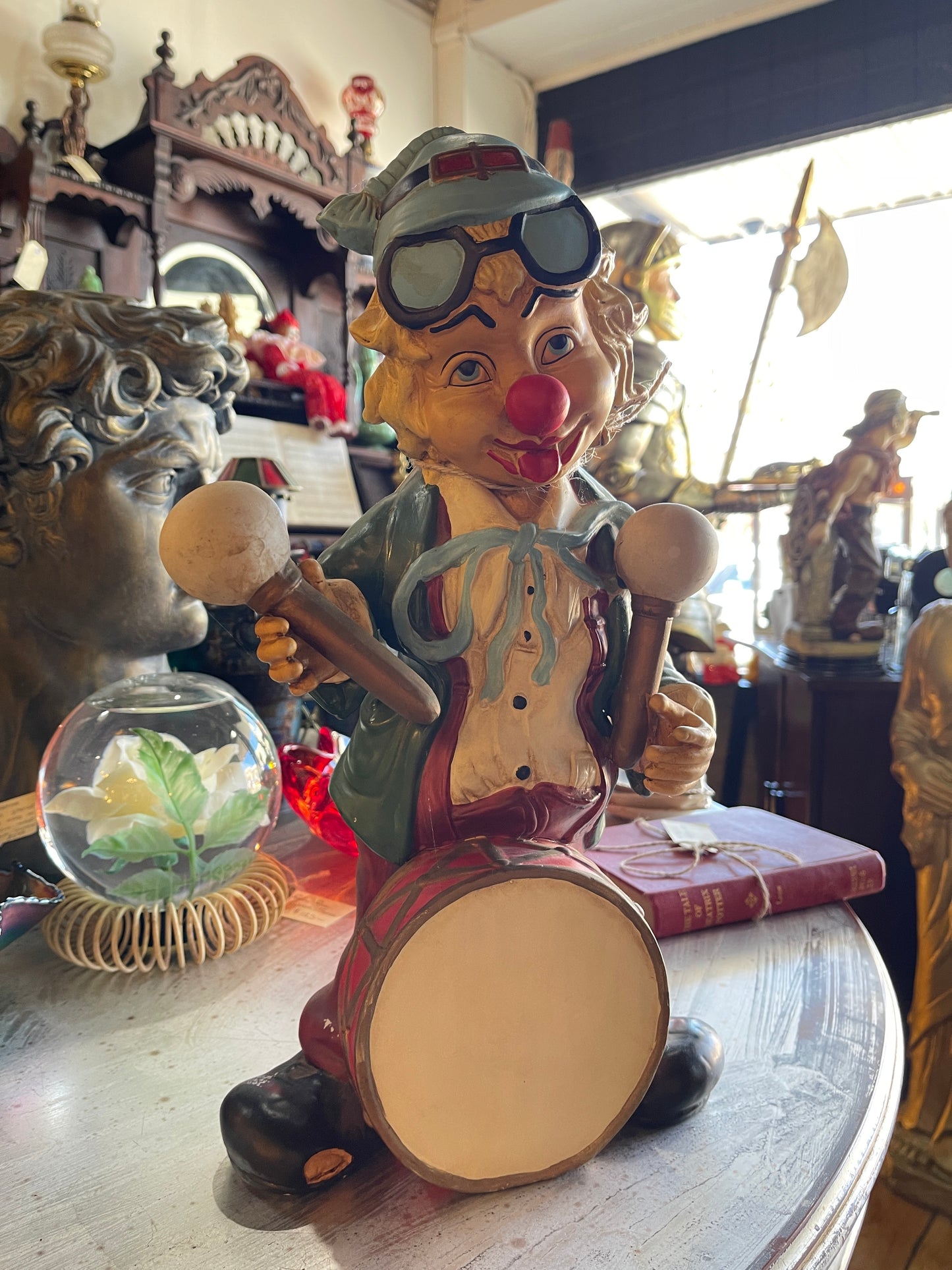 Large Vintage Clown Figurine with Drum and Mallets