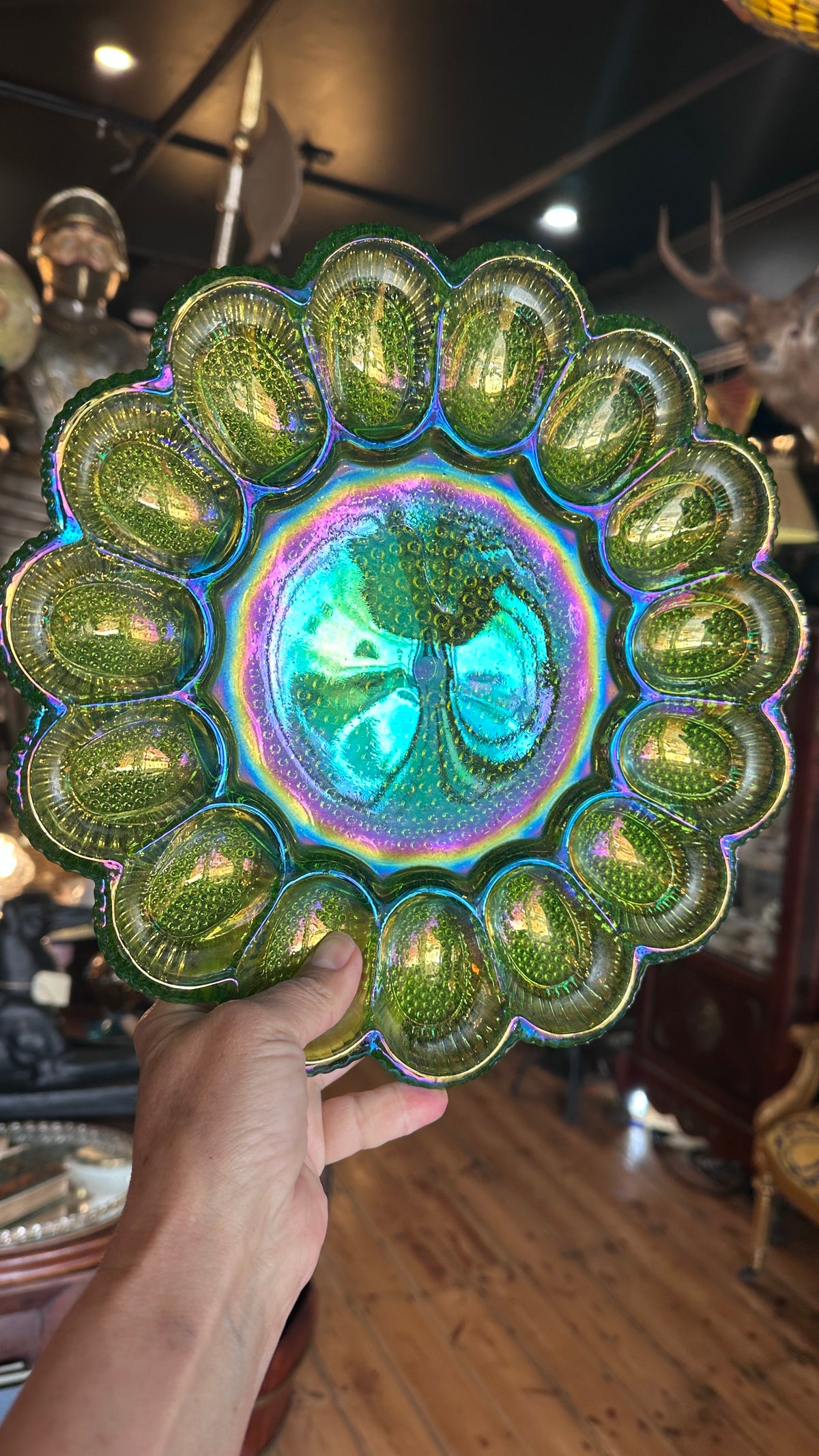 Indiana Glass Carnival Green Hobnail Deviled Egg Plate