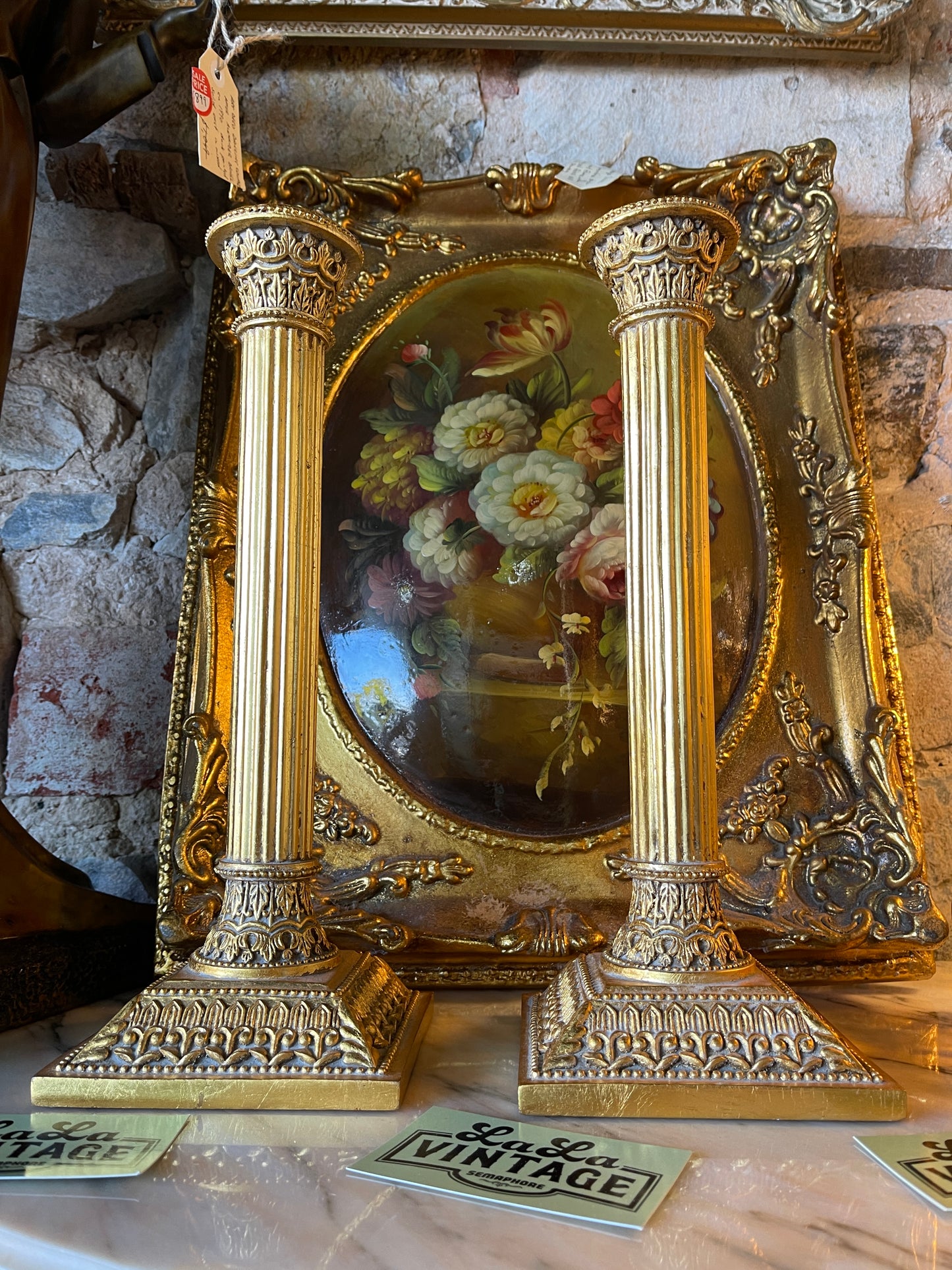 Pair of Ornate Column Candle Holders – Painted Gold