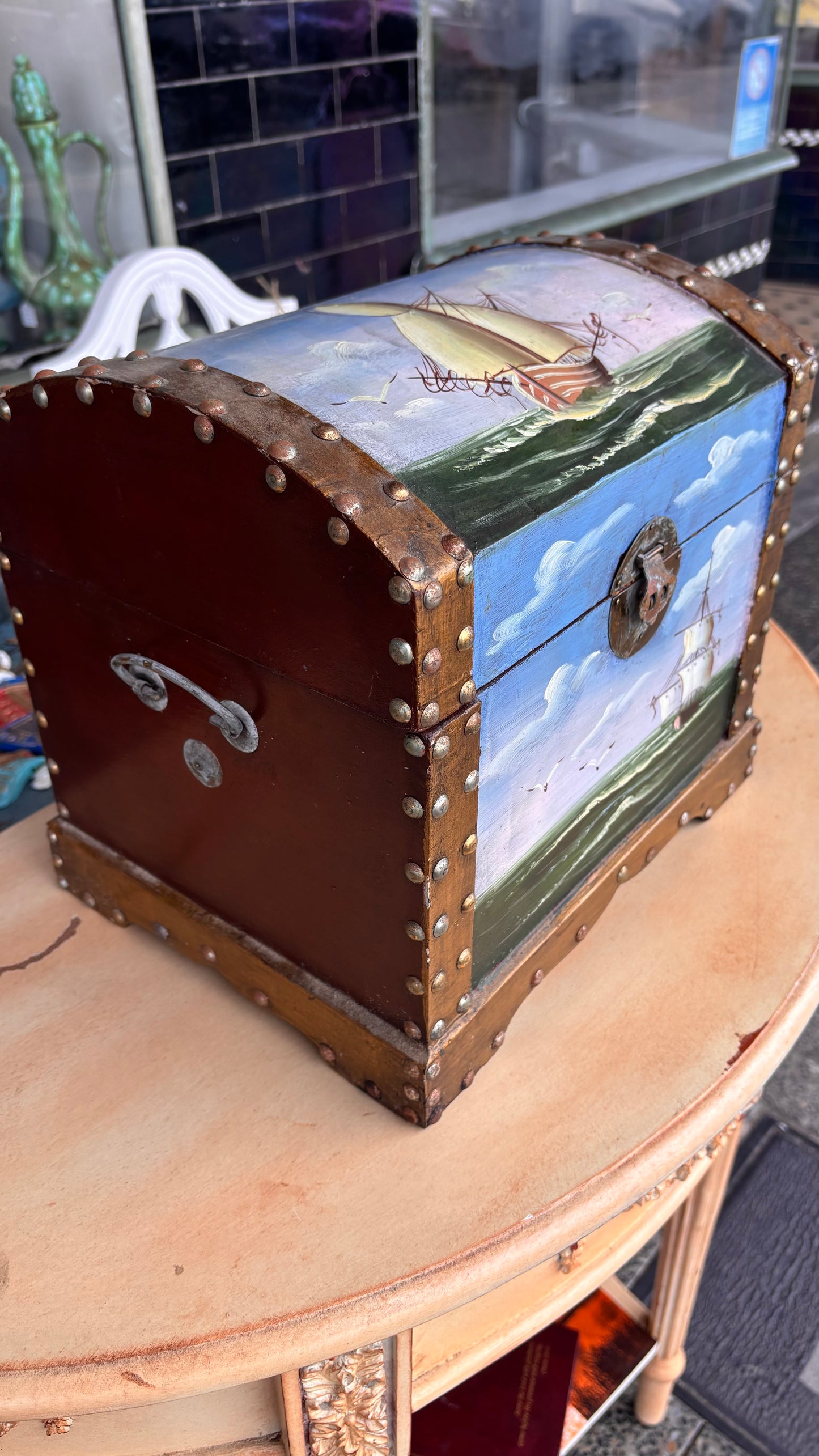 Mid-Century Hand-Painted Nautical Treasure Chest – Folk Art Style (c. 1960s–1980s)