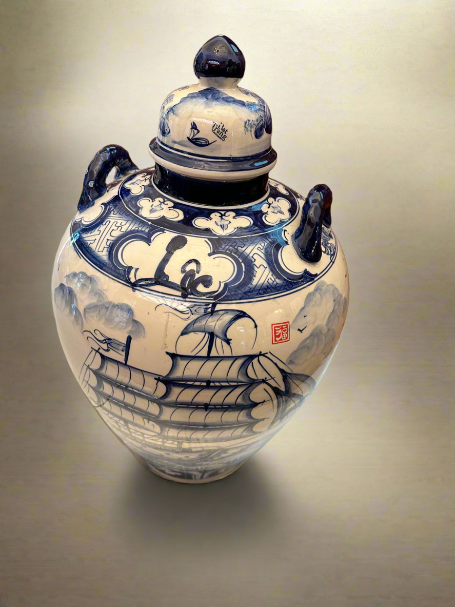 Large Oriental Blue and White Porcelain Jar